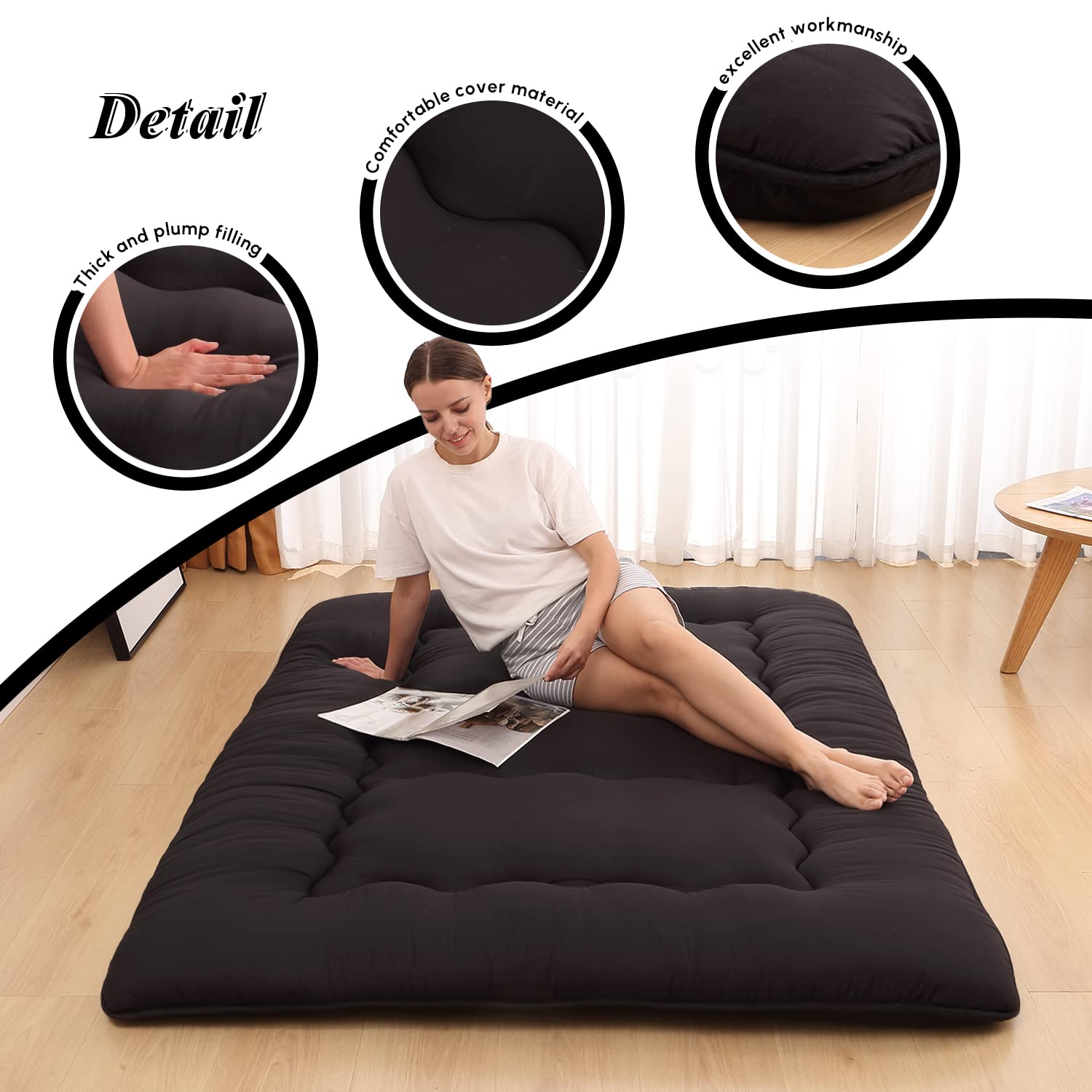 Xicikin Japanese Floor Mattress, Japanese Futon Mattress Foldable Mattress, Roll Up Mattress Tatami Mat With Washable Cover, Easy To Store And Portable For Camping, Black, Twin Full Queen…