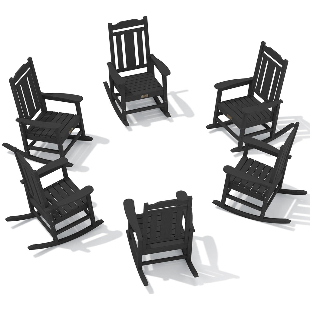 Serwall Outdoor Rocking Chair Black Set Of 6, All Weather Patio Rocking Chair, Hdpe Poly Rocking Chair For Adults, Heavy Duty Front Porch Rocker