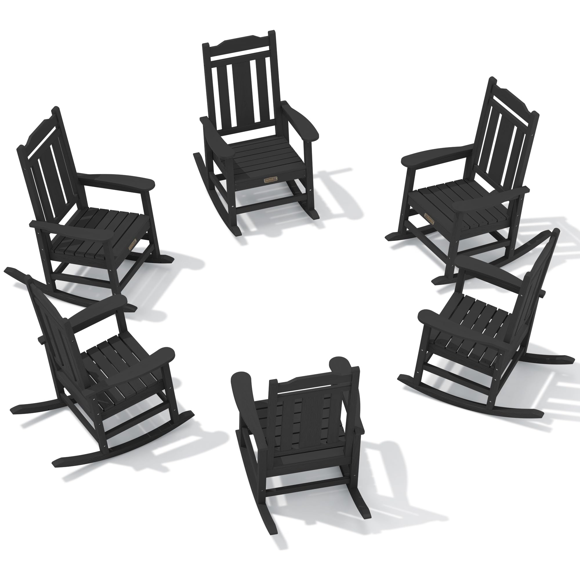 Serwall Outdoor Rocking Chair Black Set Of 6, All Weather Patio Rocking Chair, Hdpe Poly Rocking Chair For Adults, Heavy Duty Front Porch Rocker