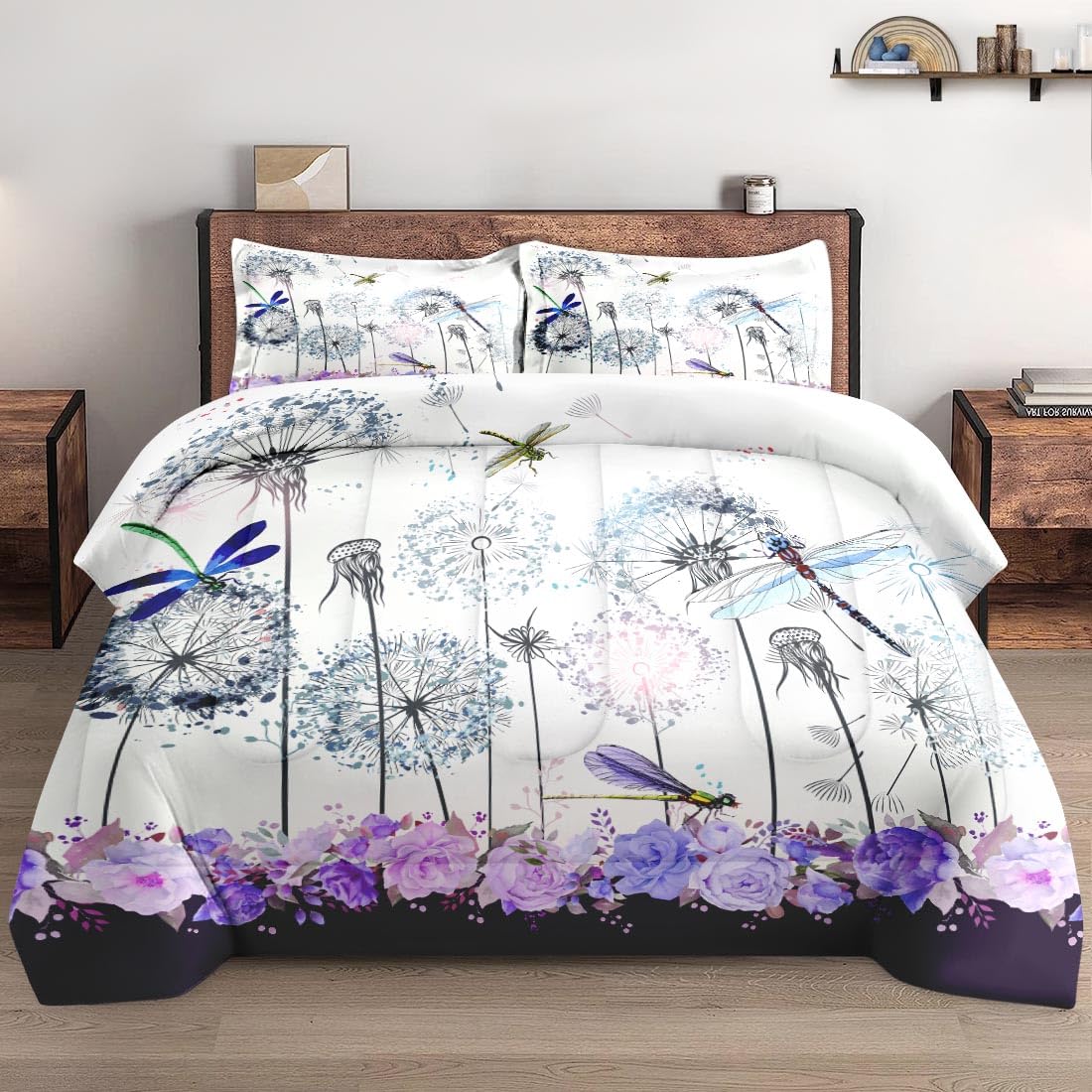 Wecozy 3 Pcs Comforter Set Full Size With 2 Pillowcases, Spring Dragonfly Purple Flower Bedding Set For Kids And Adults, Vintage
