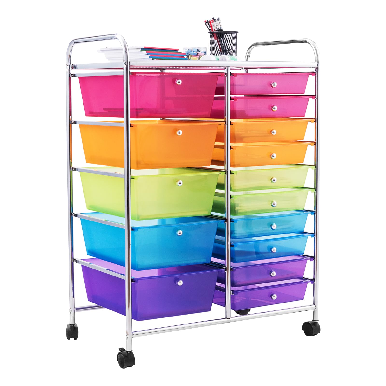 Silkydry 15 Drawers Rolling Storage Cart, Craft Cart Organizer With Lockable Wheels For Tools, Arts, Scrapbook, Papers, Multipurpose Utility Cart For Home Office School (Rainbow)