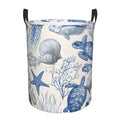 Large Collapsible Laundry Hamper, Coastal Ocean Theme with Sea Turtles and Starfish Print, White and Blue