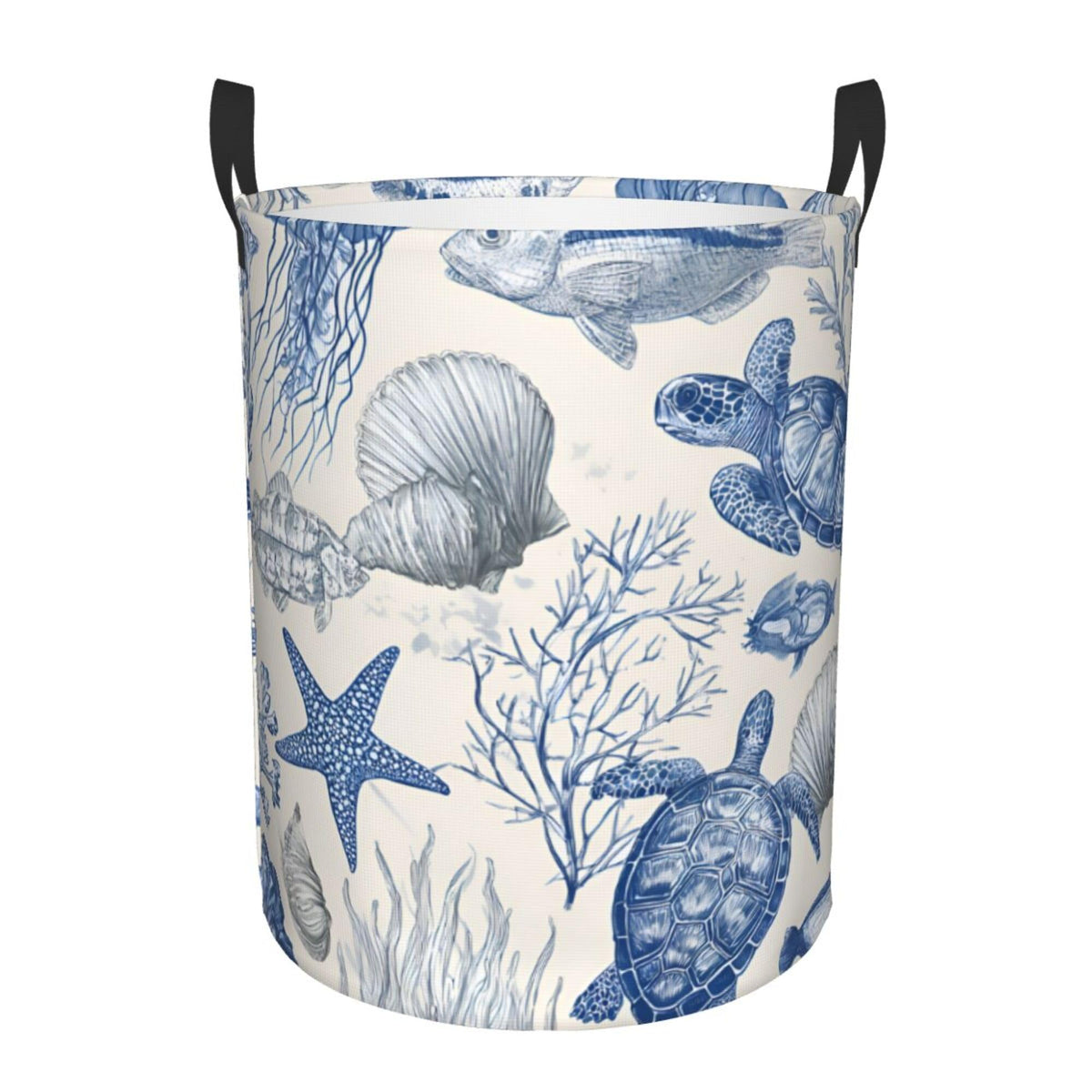 Large Collapsible Laundry Hamper, Coastal Ocean Theme with Sea Turtles and Starfish Print, White and Blue