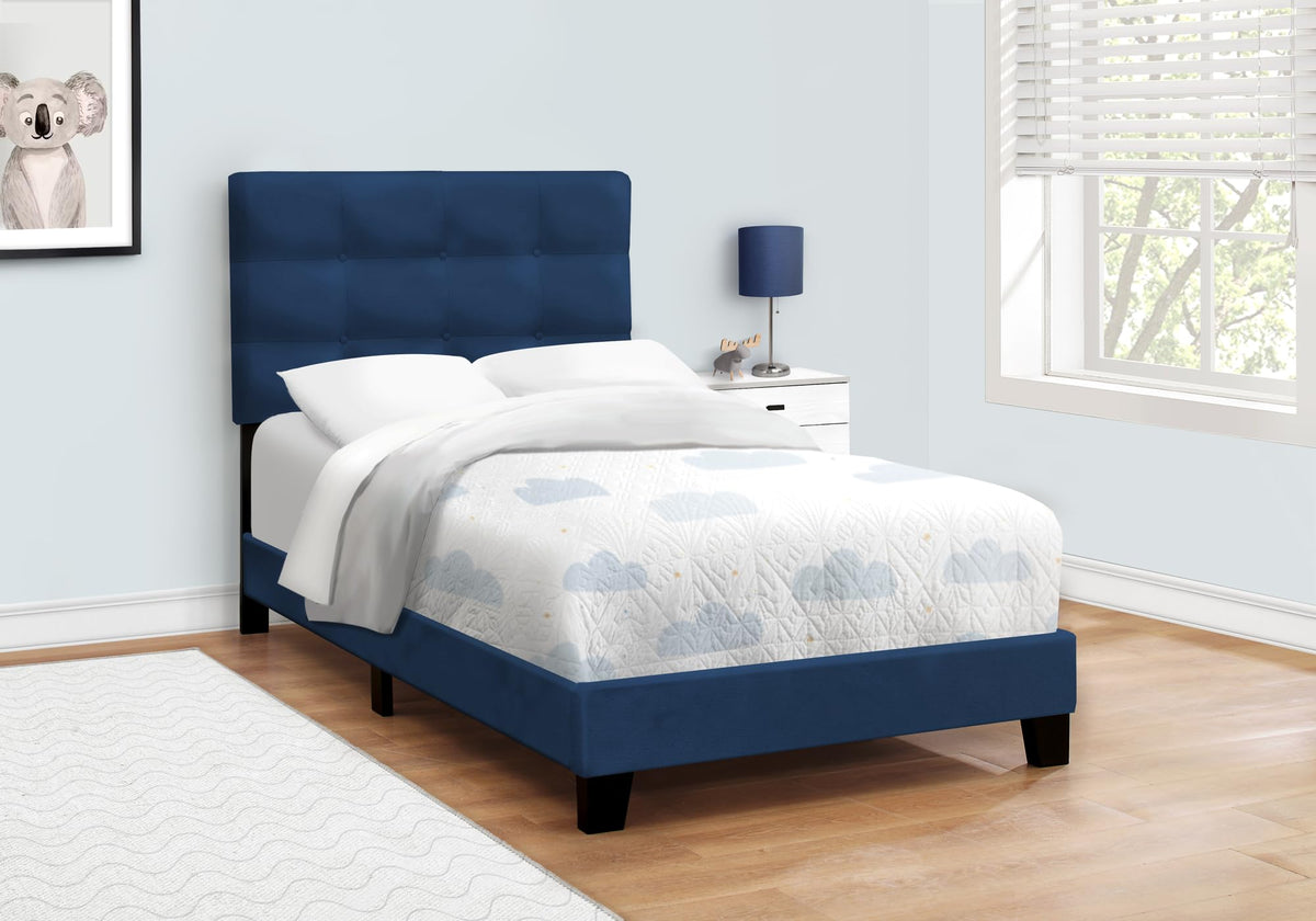 Monarch Specialties 5918T Bed, Twin Size, Upholstered, Bedroom, Frame Only, Youth, Teen, Juvenile, Velvet Platform, 80.25' L x 43' W x 45.75' H, Navy Blue