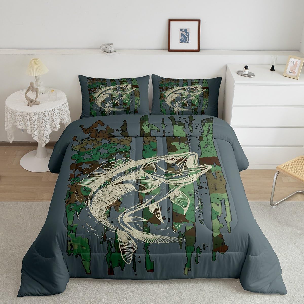 Feelyou Bass Fish Comforter Set Queen Size Green Camouflage Bedding Set For Fishing Lover Gifts Boys Girls Camo Pike Fish Fishin