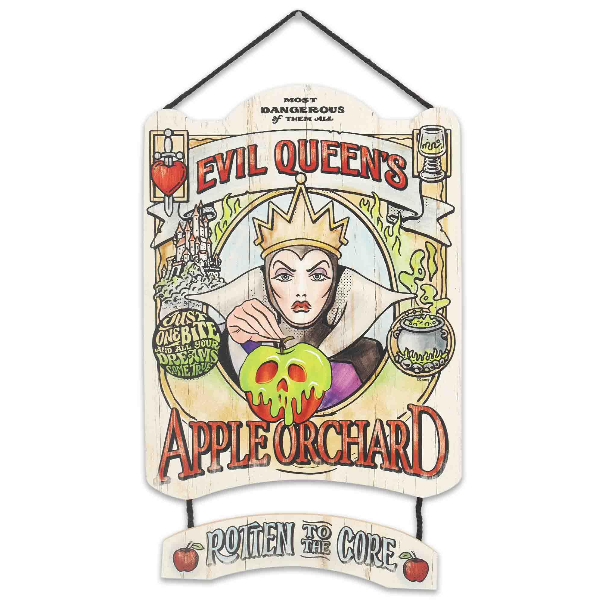 Open Road Brands Disney Snow White Evil Queens Apple Orchard Linked Hanging Wood Wall Decor - Disney Villains Evil Queen Sign f