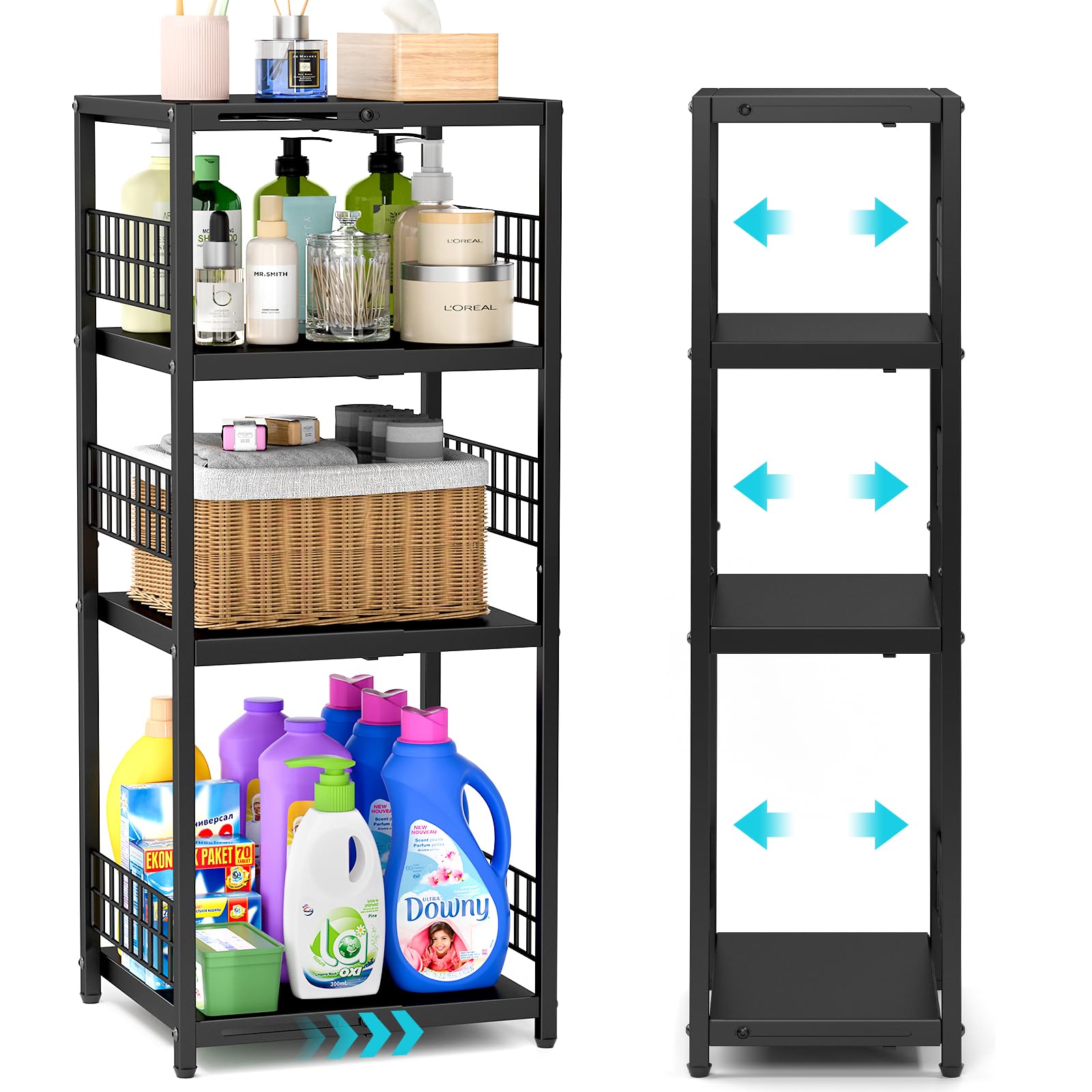 Daoutime Expandable Slim Storage Shelf, 4 Tier Metal Shelving Unit For Bathroom Storage Organizer, Freestanding Narrow Shelf For