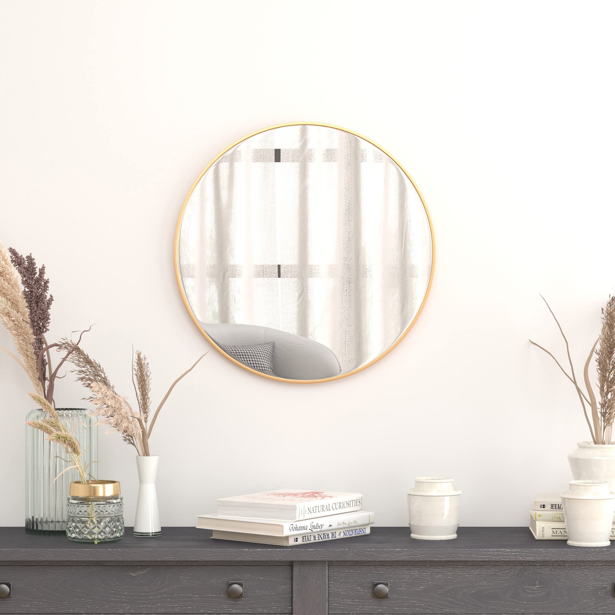 Flash Furniture Julianne Large Round Wall Mirror - Gold Circle Accent Mirror - 24" Vanity Mirror - For Bathroom, Vanity, Entryway, Dining Room, & Living Room