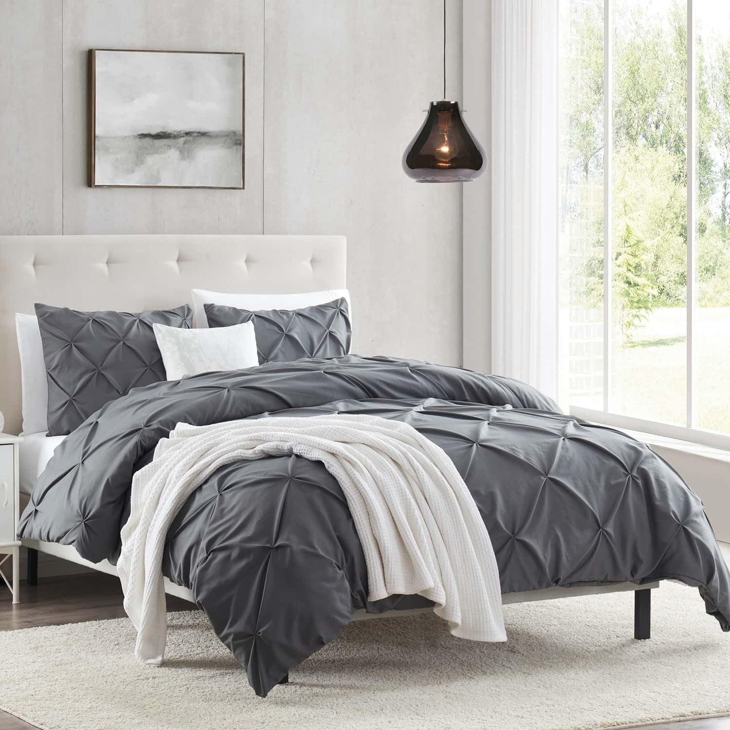 Nestl Grey Duvet Cover Full Size - Pintuck Full Size Duvet Cover Set, 3 Piece Double Brushed Duvet Cover With Button Closure, 1