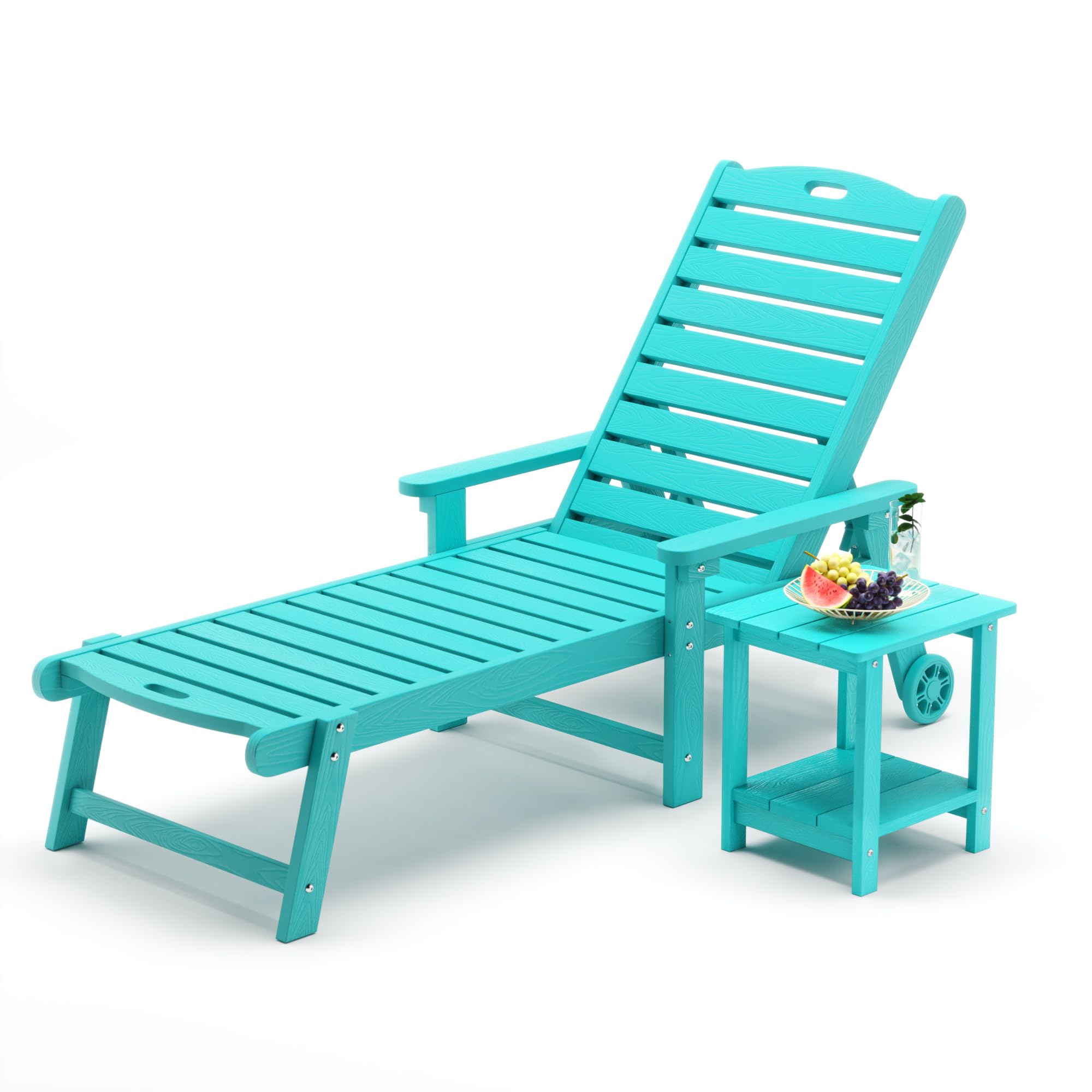 Lue Bona Chaise Lounge Chair With Table, 2-Piece, 79'' Oversized Hdps Chaise Lounger, 5 Positions Adjustable Lounge Chairs, Pool Lounge Chair With Wheels For Poolside, 3 Year Warranty, Aruba Blue