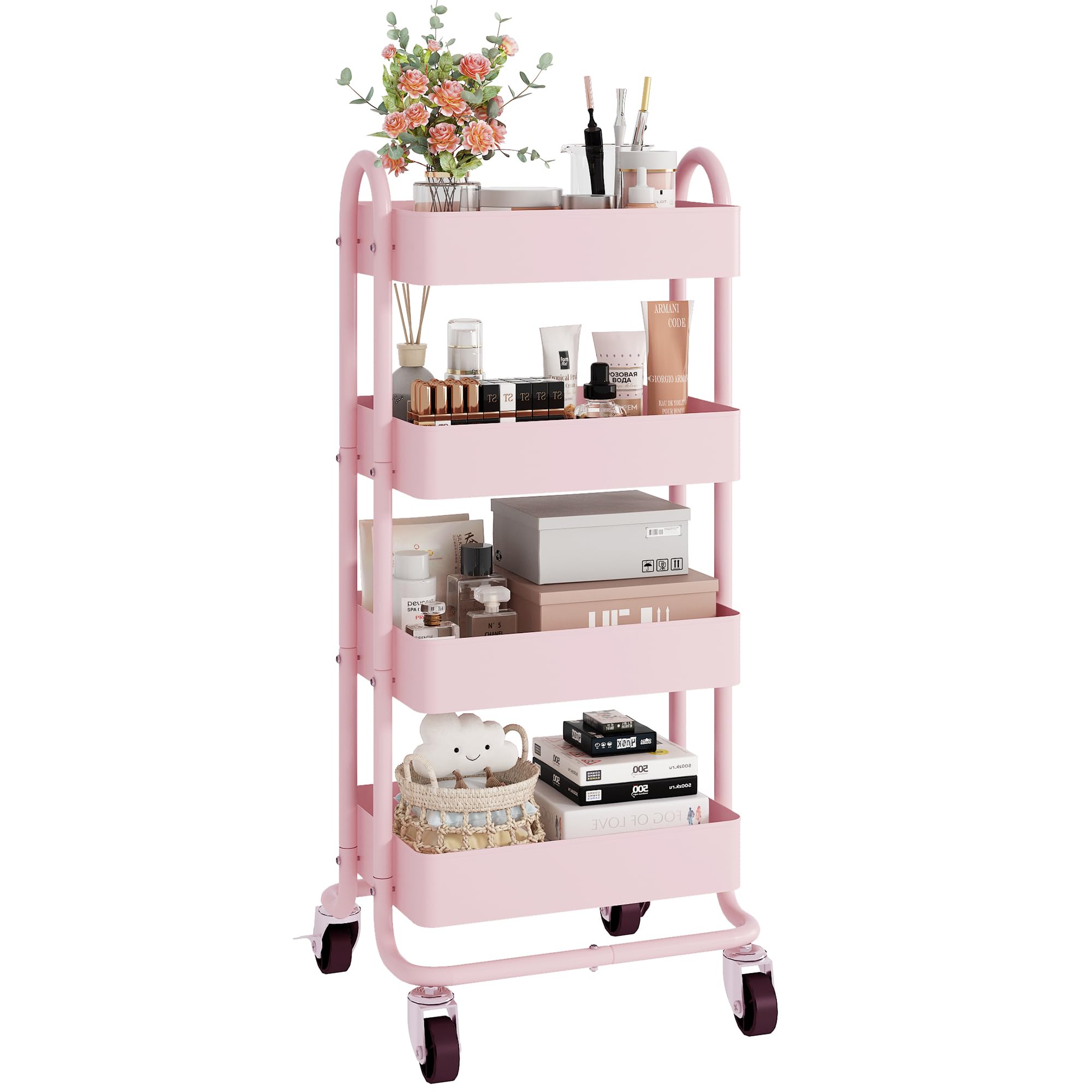 4-Tier Pink Rolling Cart,Metal Utility Rolling Cart with Handle,Multifunction Rolling Carts with Wheels,Kitchen Storage Carts Su
