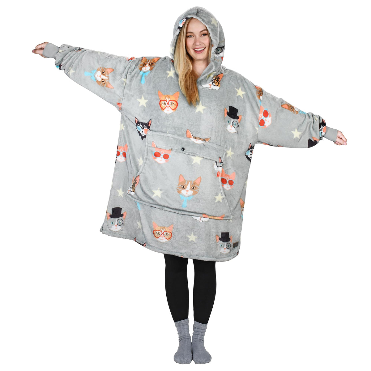 Catalonia Cat Print Oversized Blanket Hoodie Sweatshirt, Wearable Fleece Pullover For Adults Men Women