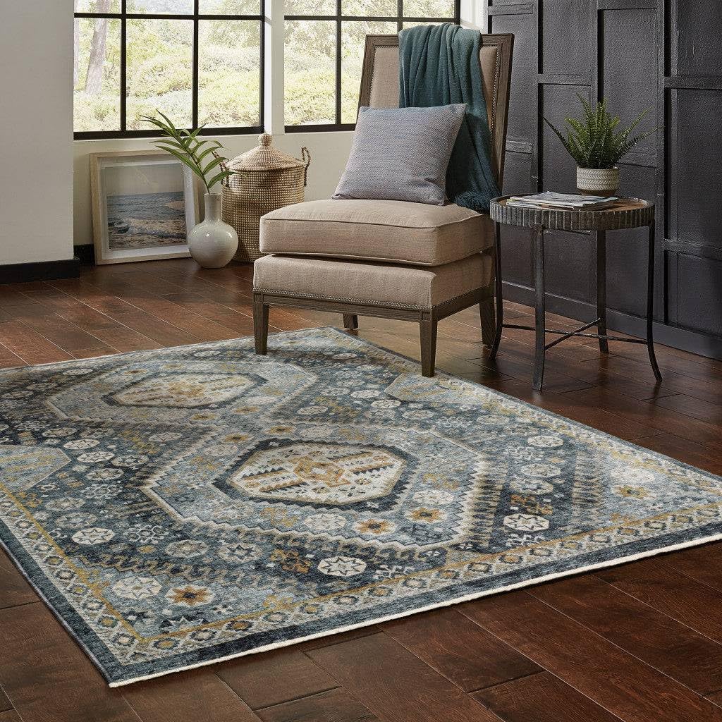 HomeRoots 508092 8 x 11 ft. Blue Gold Ivory & Navy Oriental Power Loom Stain Resistant Rectangle Area Rug with Fringe