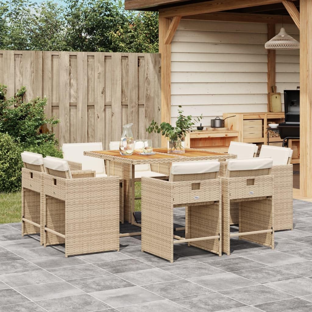 vidaXL Patio Dining Set with Cushions - 9 Piece Beige Poly Rattan Outdoor Garden Furniture, Acacia Wood Table Top 43.3x41.7x28.7 - Foldable Storage & Removable Cushion Covers