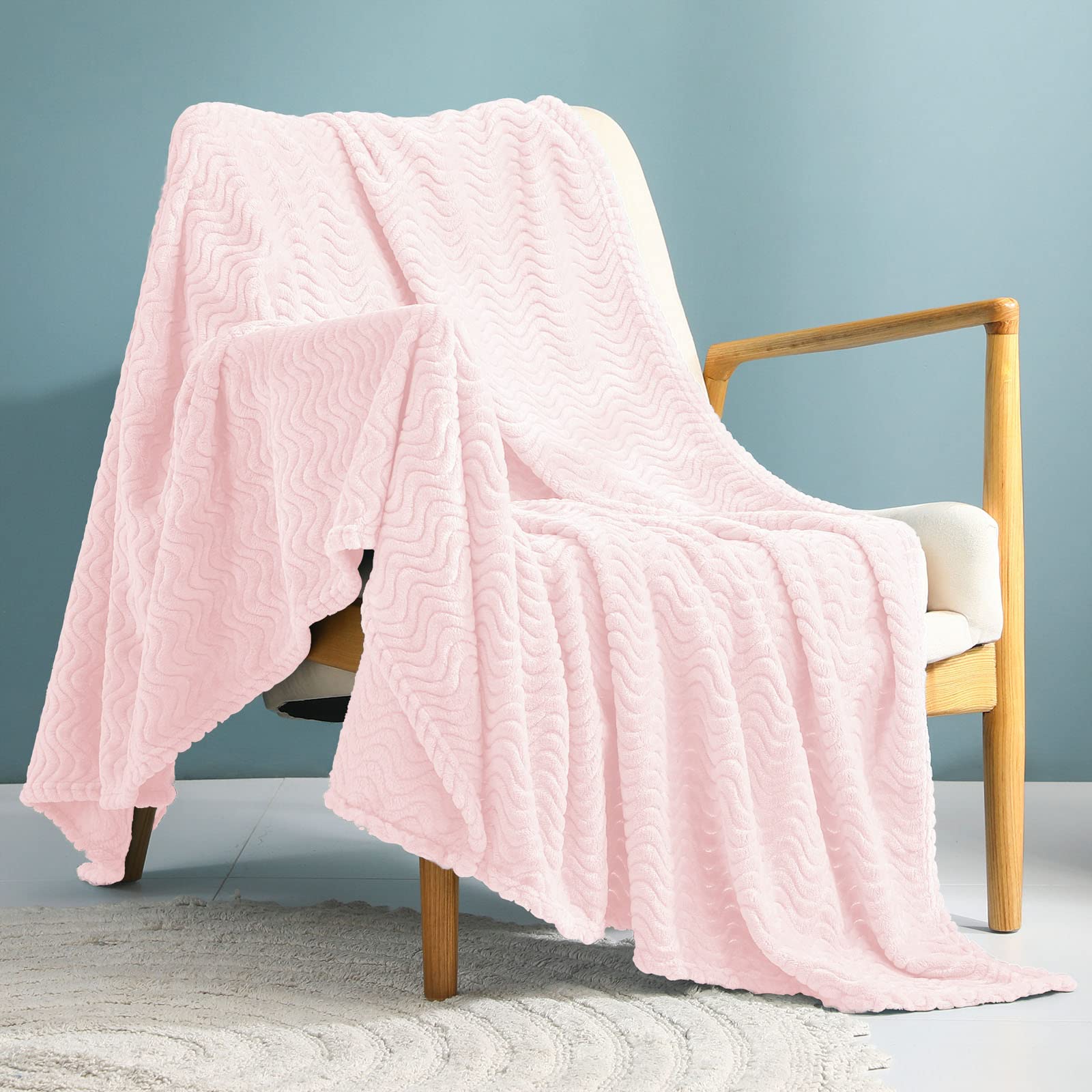 Exclusivo Mezcla Light Pink Fleece Throw Blanket For Couch Bed, Super Soft Cozy Blankets With Decorative Wave Textured, Lightwei