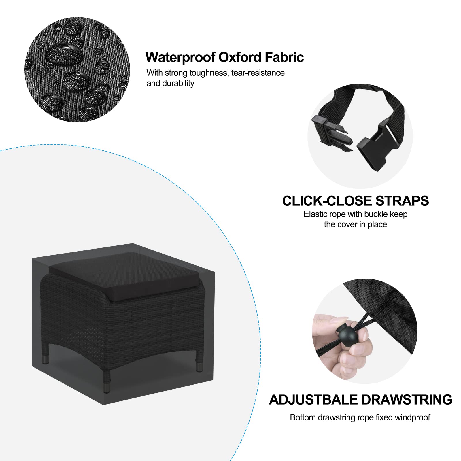 Dudsoeho Patio Ottoman Cover Waterproof, 28.3 X 28.3 X 16.9 Inch Rectangular Outdoor Side Table Cover, Durable Outdoor Furniture Cover, Black