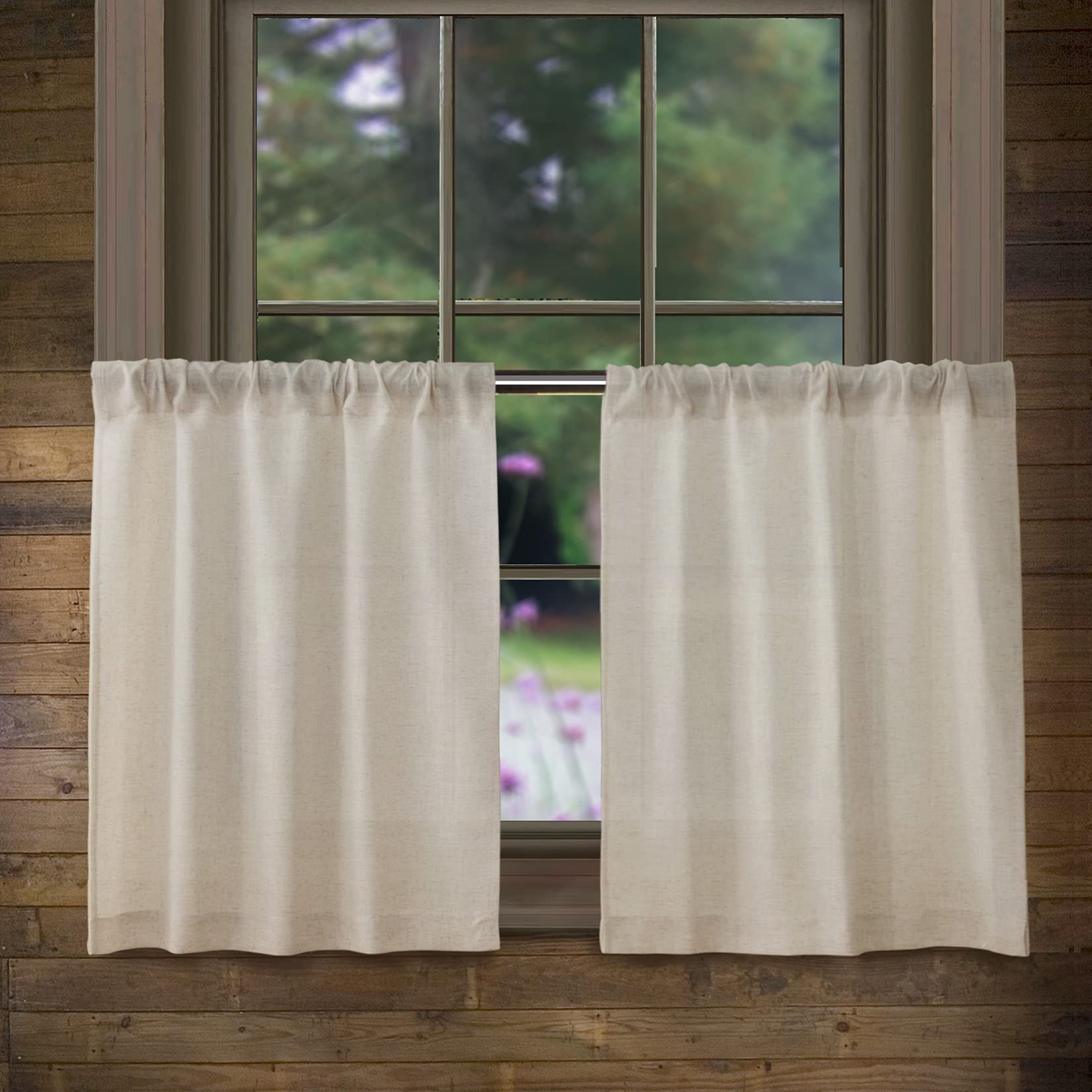 Valea Home Linen Kitchen Curtains 24 Inch Length Rustic Farmhouse Crude Short Cafe Curtains Rod Pocket Tiers for Small Window Ba