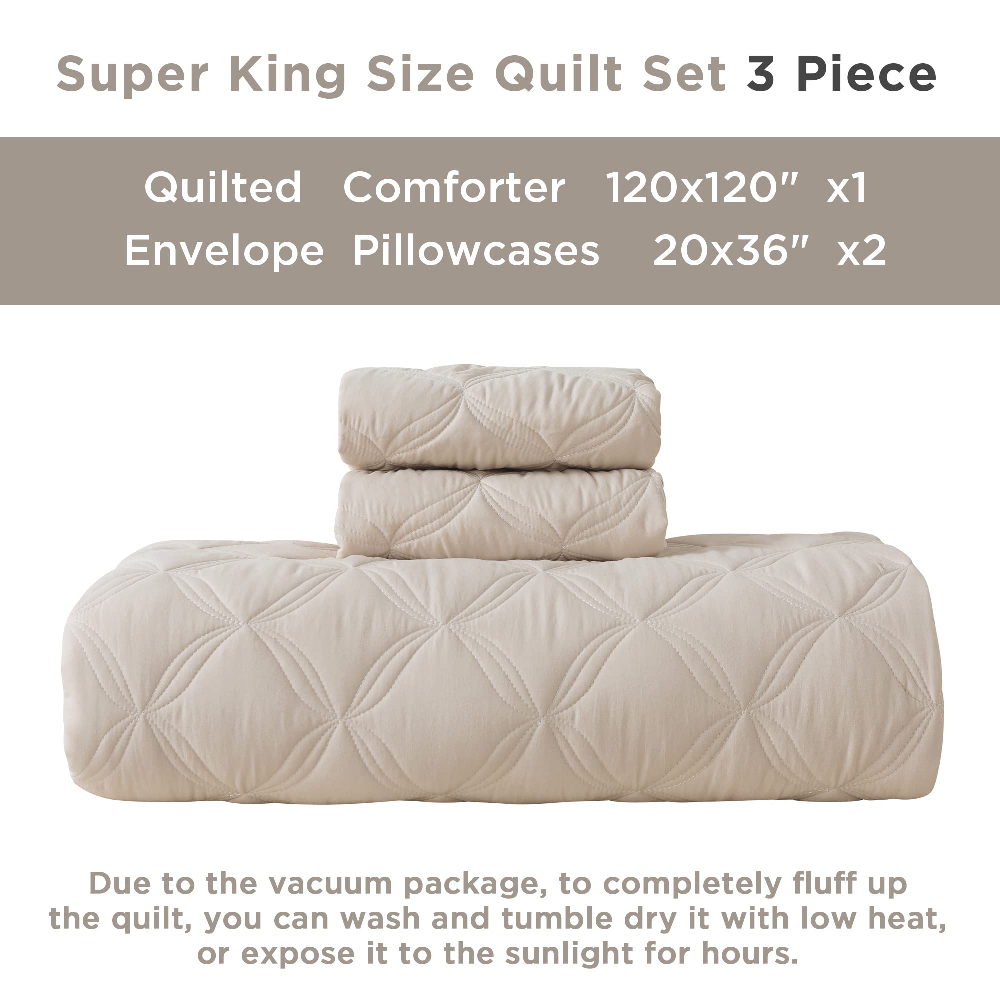 Litanika Beige Oversized King Quilt Set Bedspread 120X120-3 Piece Summer Lightweight Comforter Coverlets, Boho Farmhouse Bedding