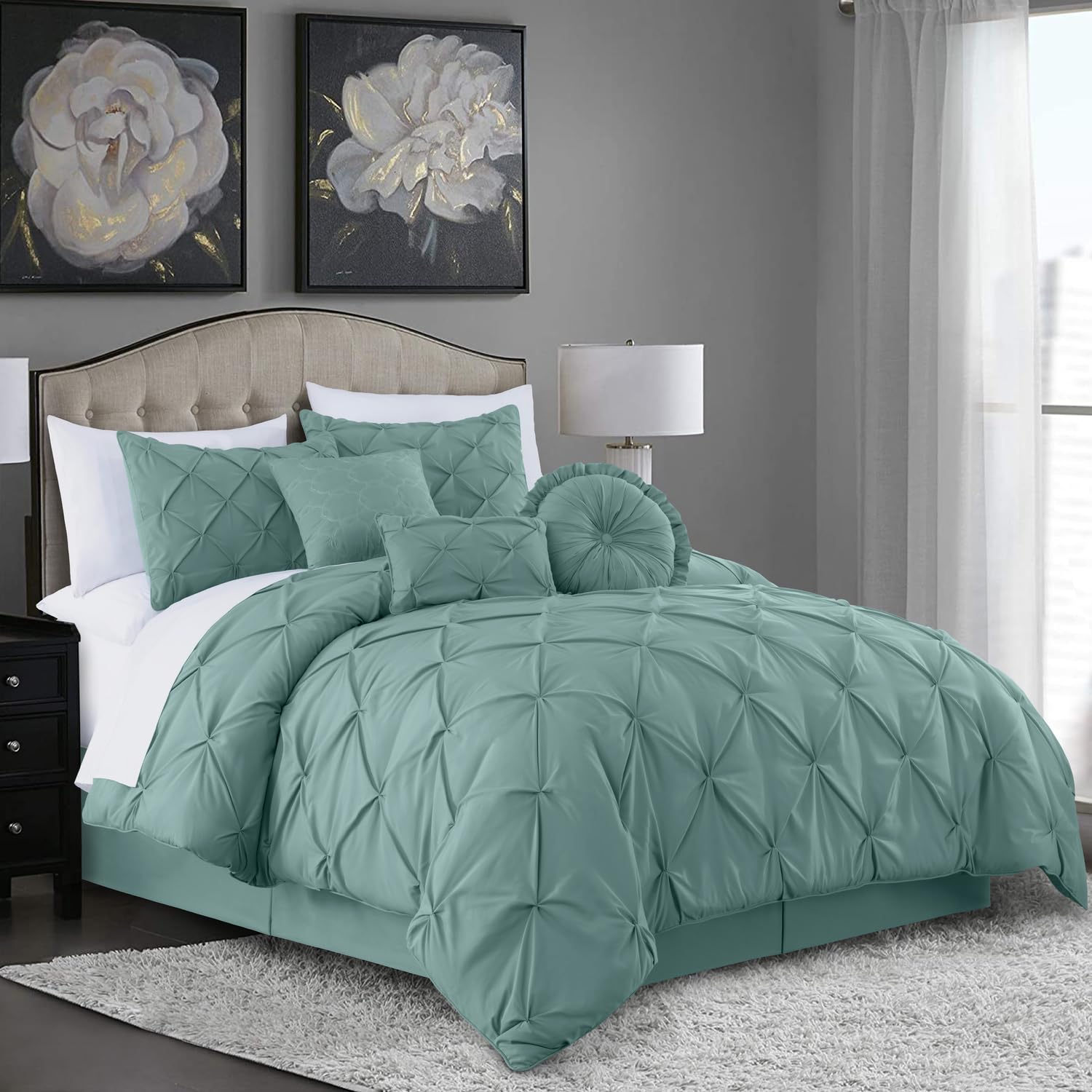 Chezmoi Collection Sydney 7-Piece Pinch Pleat Pintuck Bedding Comforter Set (Queen, Spa Blue)