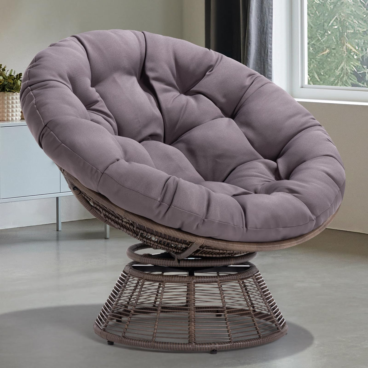Bme Silver - Brown Bee Base 40' Ergonomic Wicker Papasan Chair With Soft Thick Density Fabric Cushion, Bee-Designed Base, High