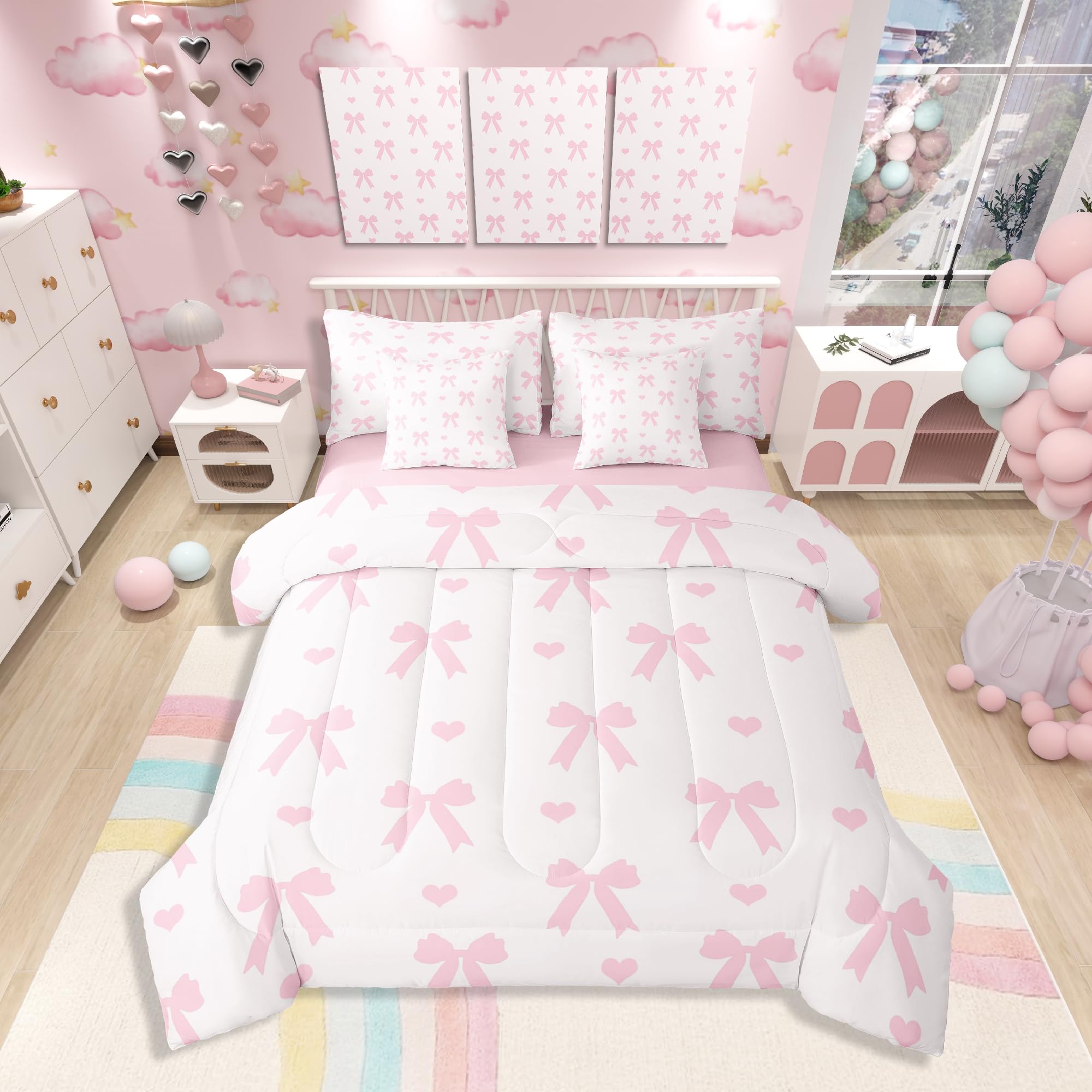 Pink Bowknot Full Bedding Set 7 Pieces,Princess Style Bow Dreamy Bow-Tie Comforter Set With Sheets For Kids Girls,Cute Love Hear
