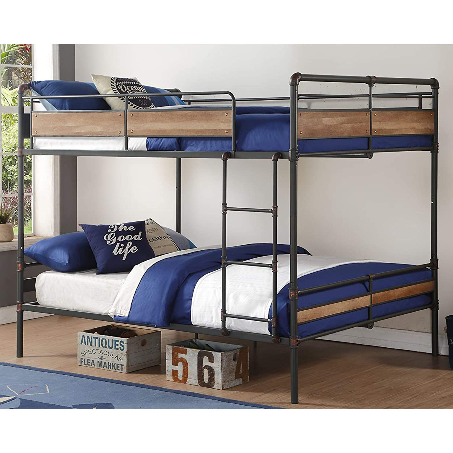 HomeRoots Sandy Black & Silver Metal, Wood 83' X 65' X 68' Queen Over Queen Sandy Black and Silver Metal Bunk Bed