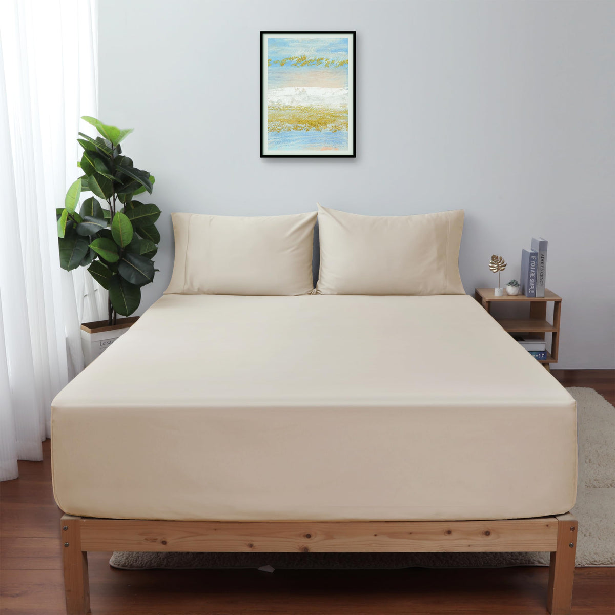 Queen Size Fitted Sheet Only Beige, 100% Egyptian Cotton 600 Thread Count, 16'' Deep Pocket Premium Cotton Mattress Sheet (1 Bot