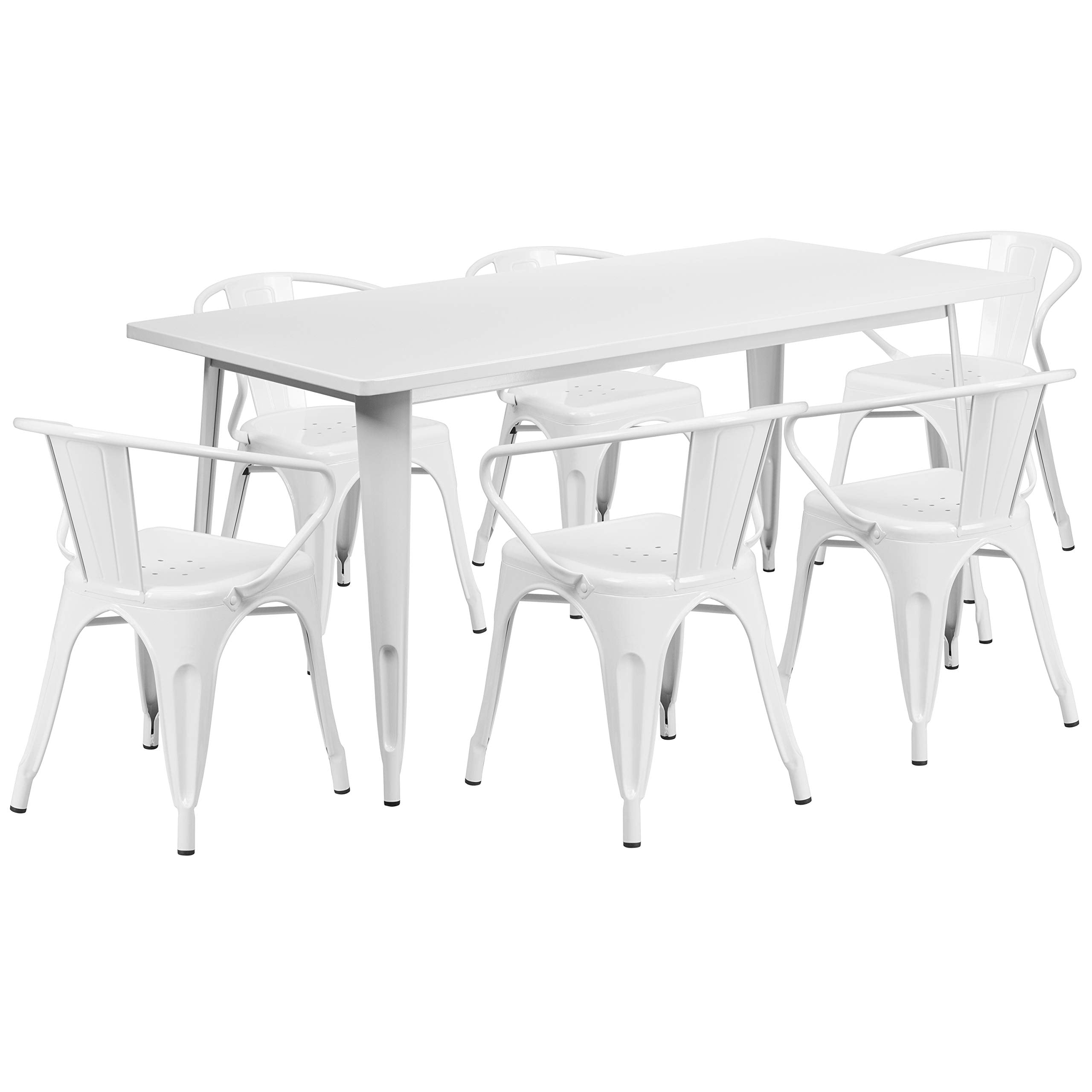 Flash Furniture Commercial Grade 31.5&quot; x 63&quot; Rectangular White Metal Indoor-Outdoor Table Set with 6 Arm Chairs