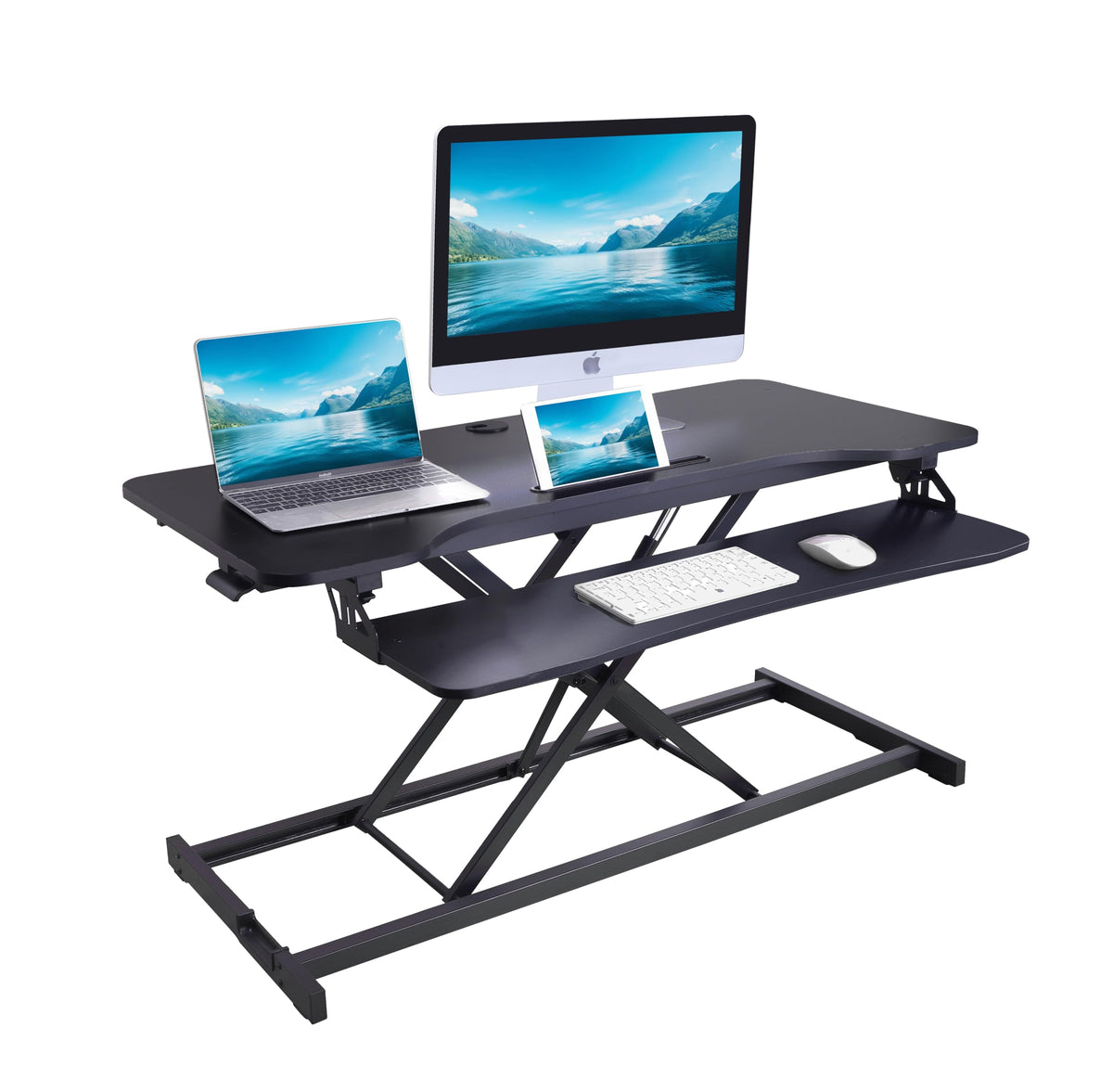 Rocelco 43&quot; Height Adjustable Standing Desk Converter - Tall Sit Stand Up Tabletop Riser with Tablet Slot - Home Office Computer Workstation - Deep Keyboard Tray for Laptop Mouse - Black (R VADRB-43)