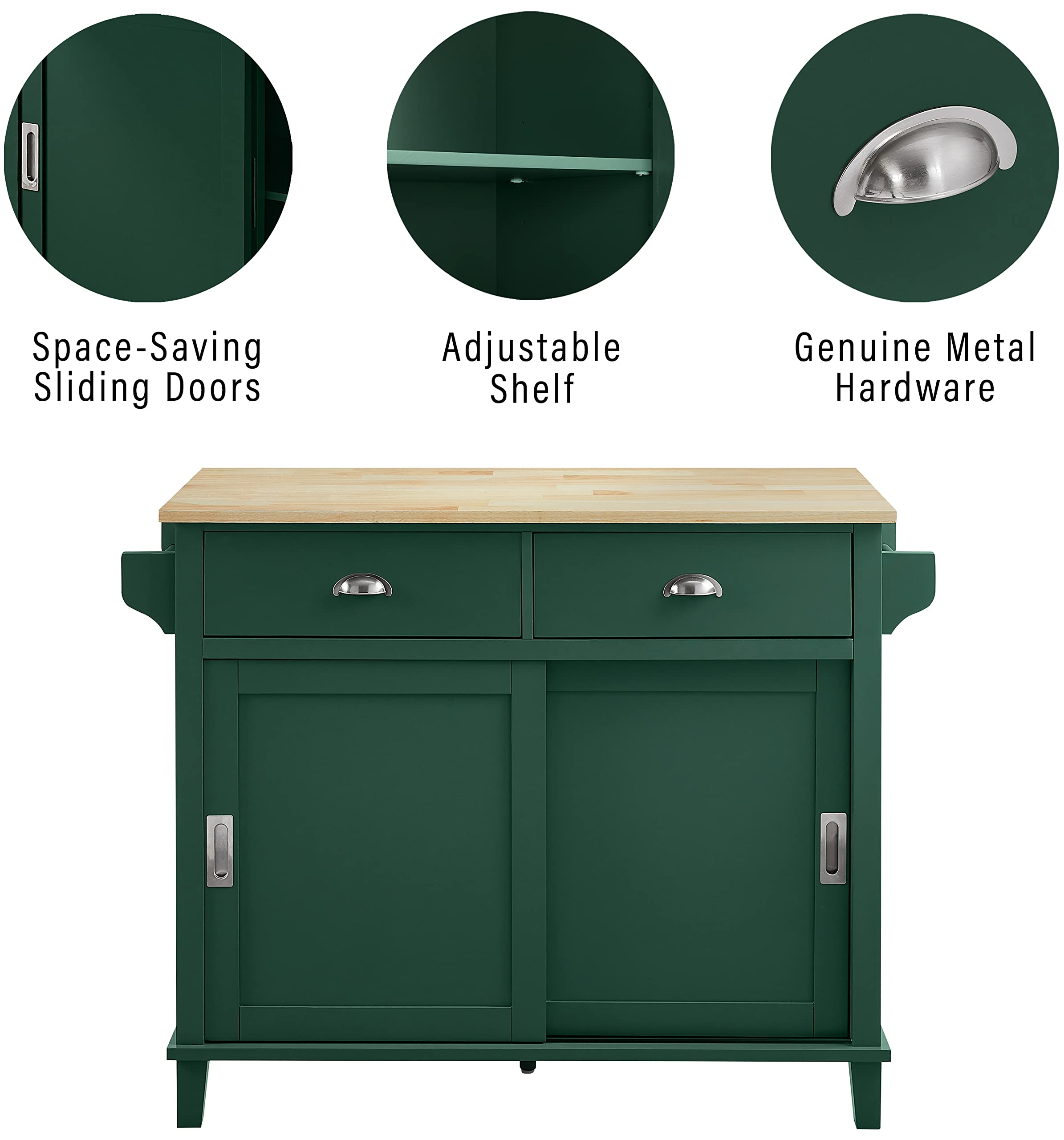 Crosley Furniture Cora Drop Leaf Kitchen Island Microwave Stand, Coffee Bar With Storage Drawers And Shelves, Emerald Green