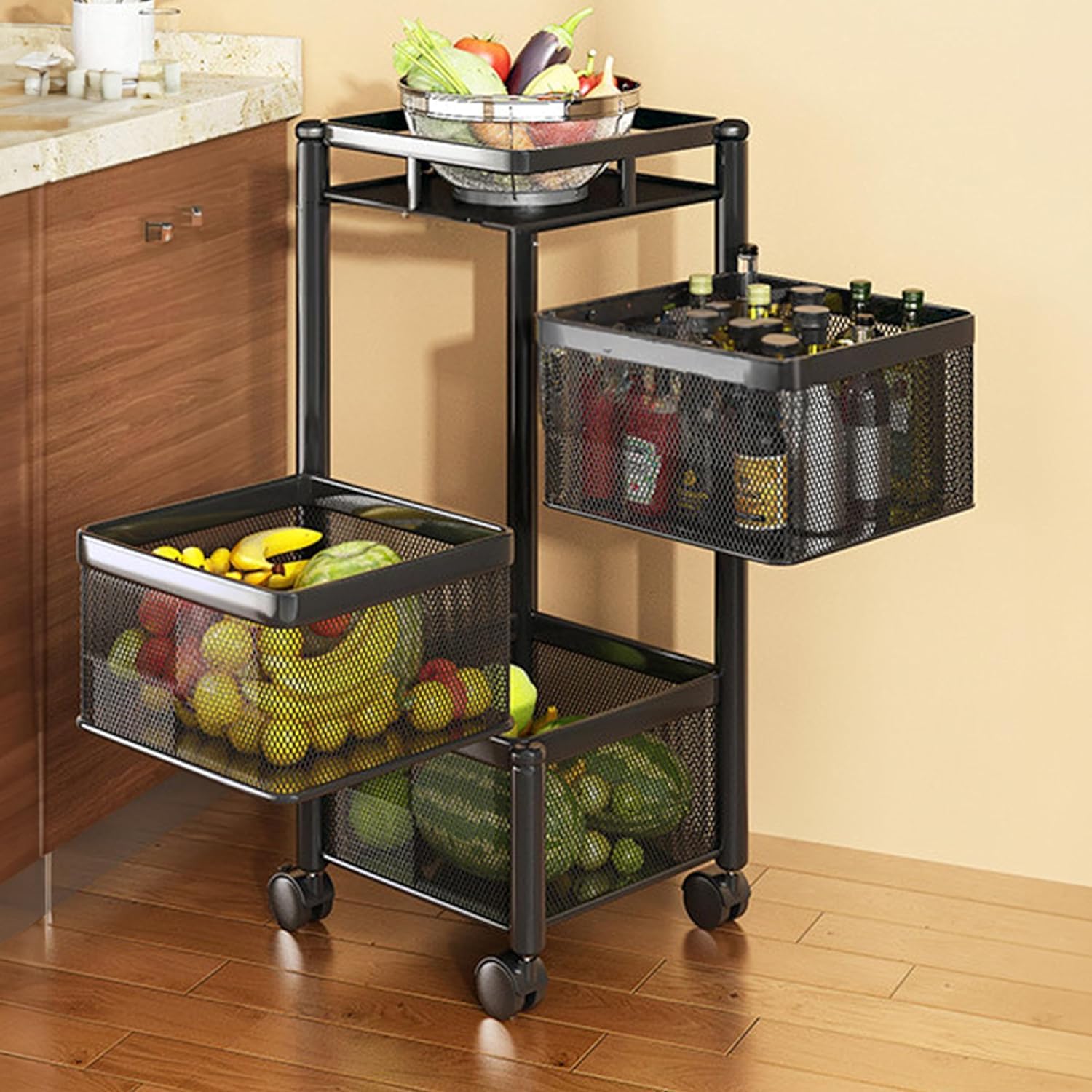 Homeor MultiPurpose Mesh Rotating Trolley Storage Organizer & Kitchen Accessories Items For Kitchen Storage Rack Design For Fru