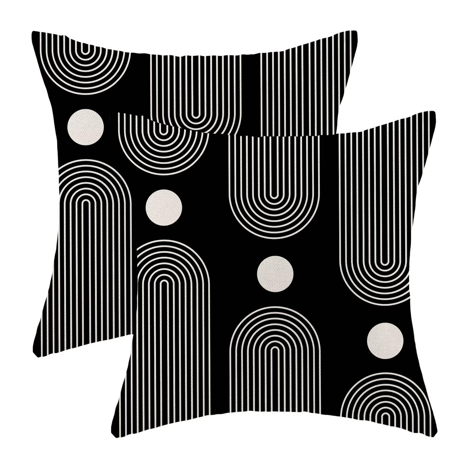 Boho Mid Century Pillow Covers 22X22 Inch Set Of 2, Abstract Simple Black And White Decorative Throw Pillowcase Boho Modern Outd