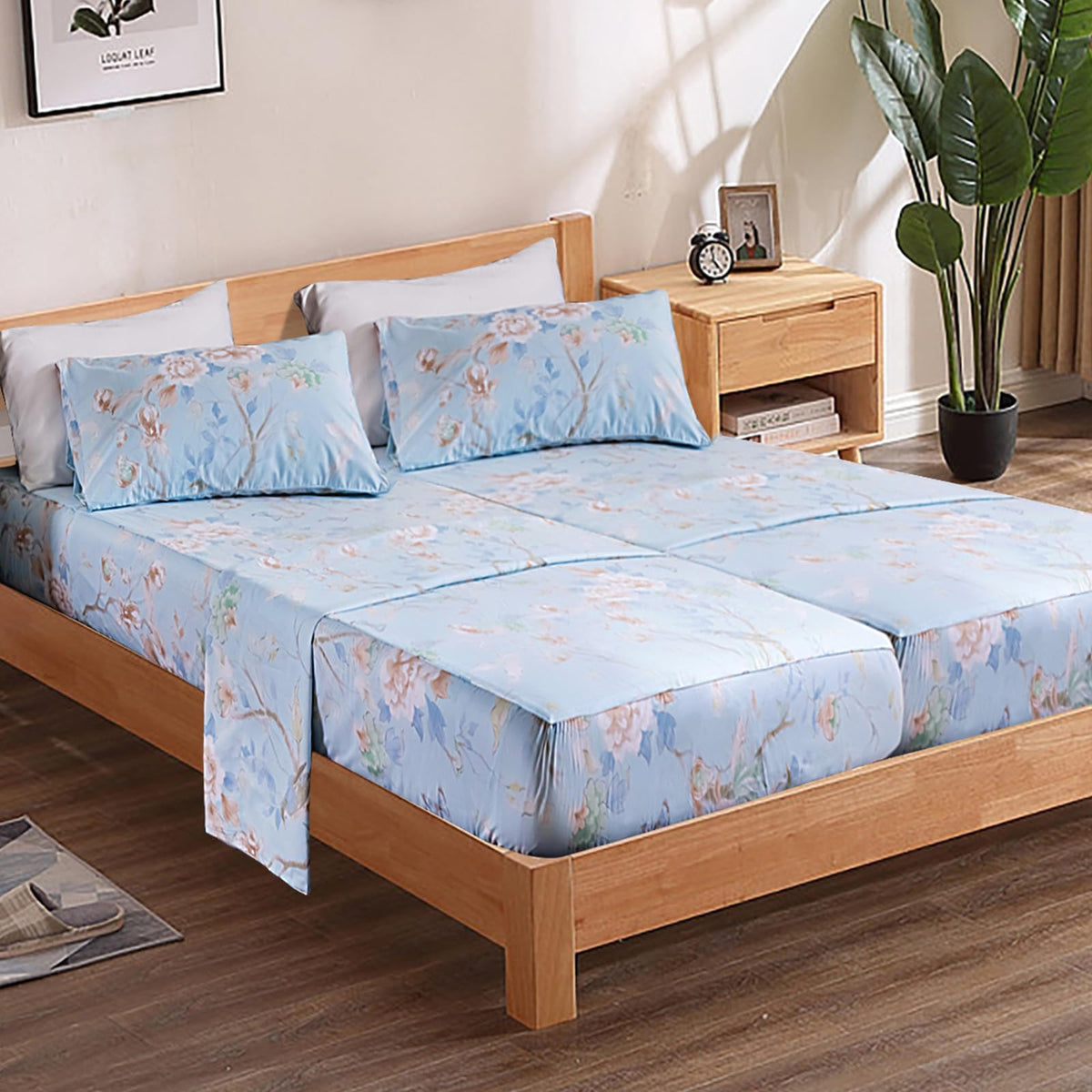 Qsh 100% Cotton Floral Sheets For Split King Size Bed, Blue Flowers Plant Pattern Botanical Luxury Cotton Printed Floral Bedding