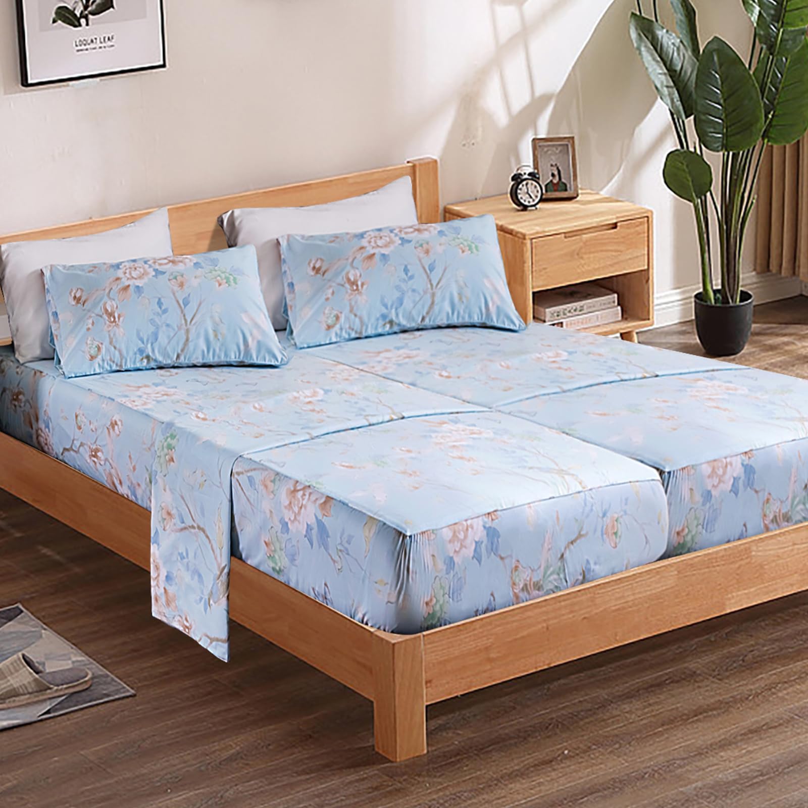 Qsh 100% Cotton Floral Sheets For Split King Size Bed, Blue Flowers Plant Pattern Botanical Luxury Cotton Printed Floral Bedding
