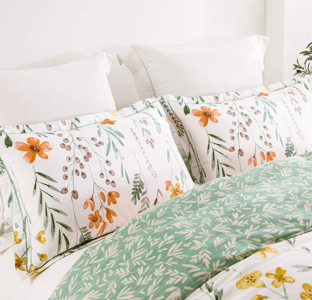 Sleepbella Twin Size Comforter Set Yellow Flowers & Green Botanical Pattern Printed On White 100% Cotton Fabric, Ultra Soft Micr