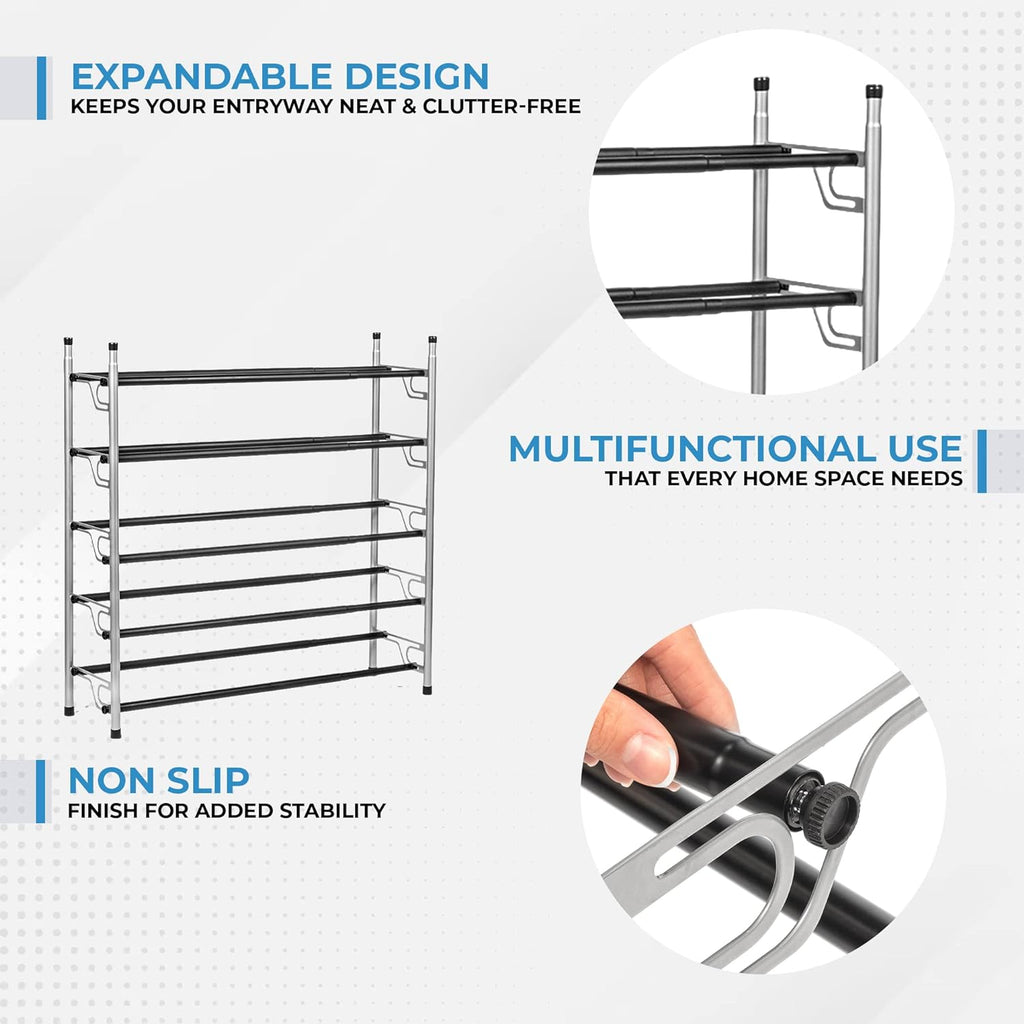 5-Tier Adjustable Freestanding Shoe Rack Organizer, Stackable Metal, Chrome