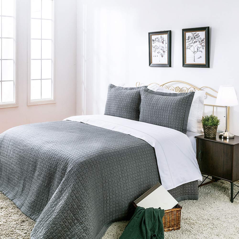 Elegant Life Home Cotton Yarn Dyed Chambray Collection Cotton Fill - Lightweight Square Detailed Stitching Bedding Quilt, Queen