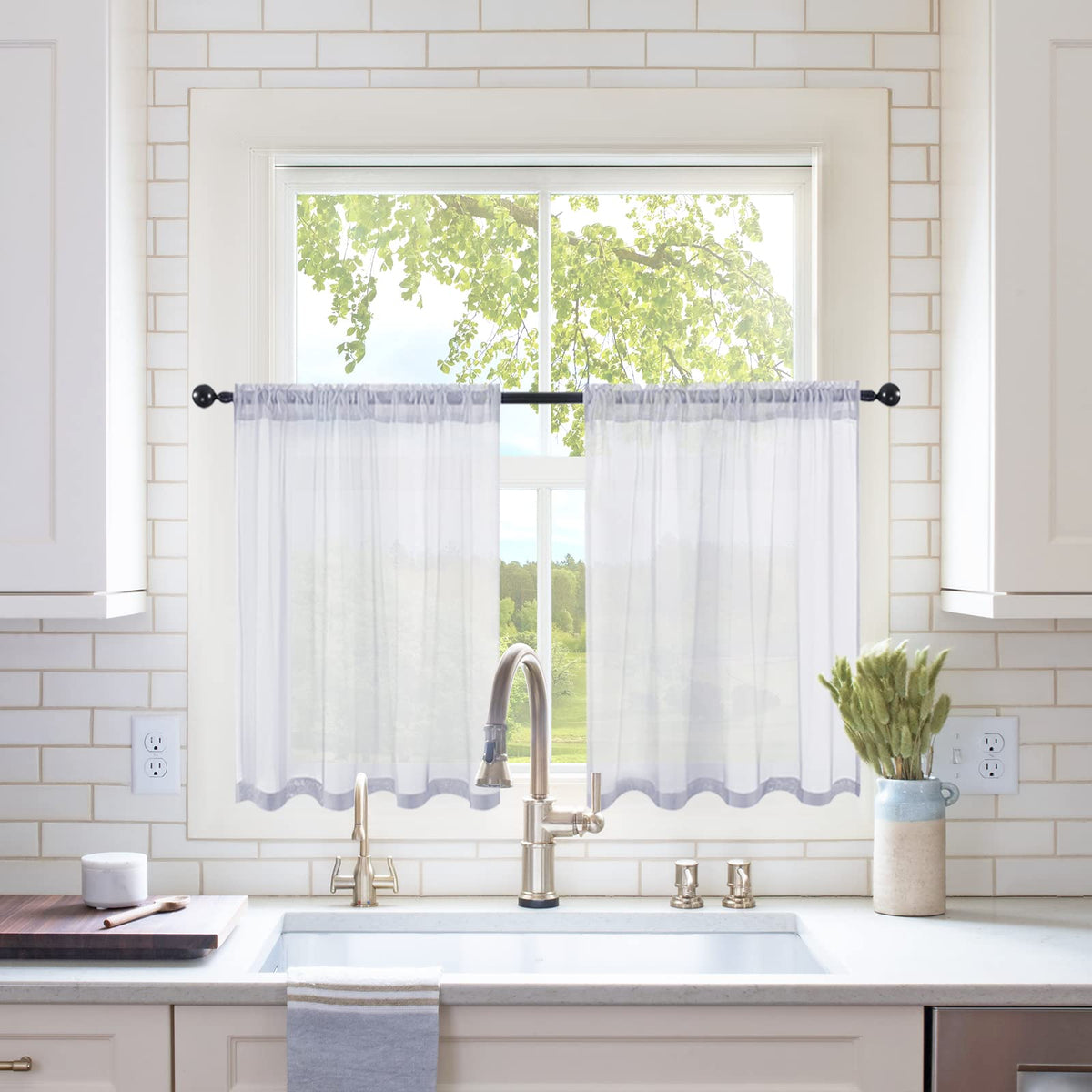 Miulee 2 Panels Kitchen Tiers Half Window Sheer Curtains Rod Pocket Translucent Voile Drapes For Kitchen Bathroom Small Windows