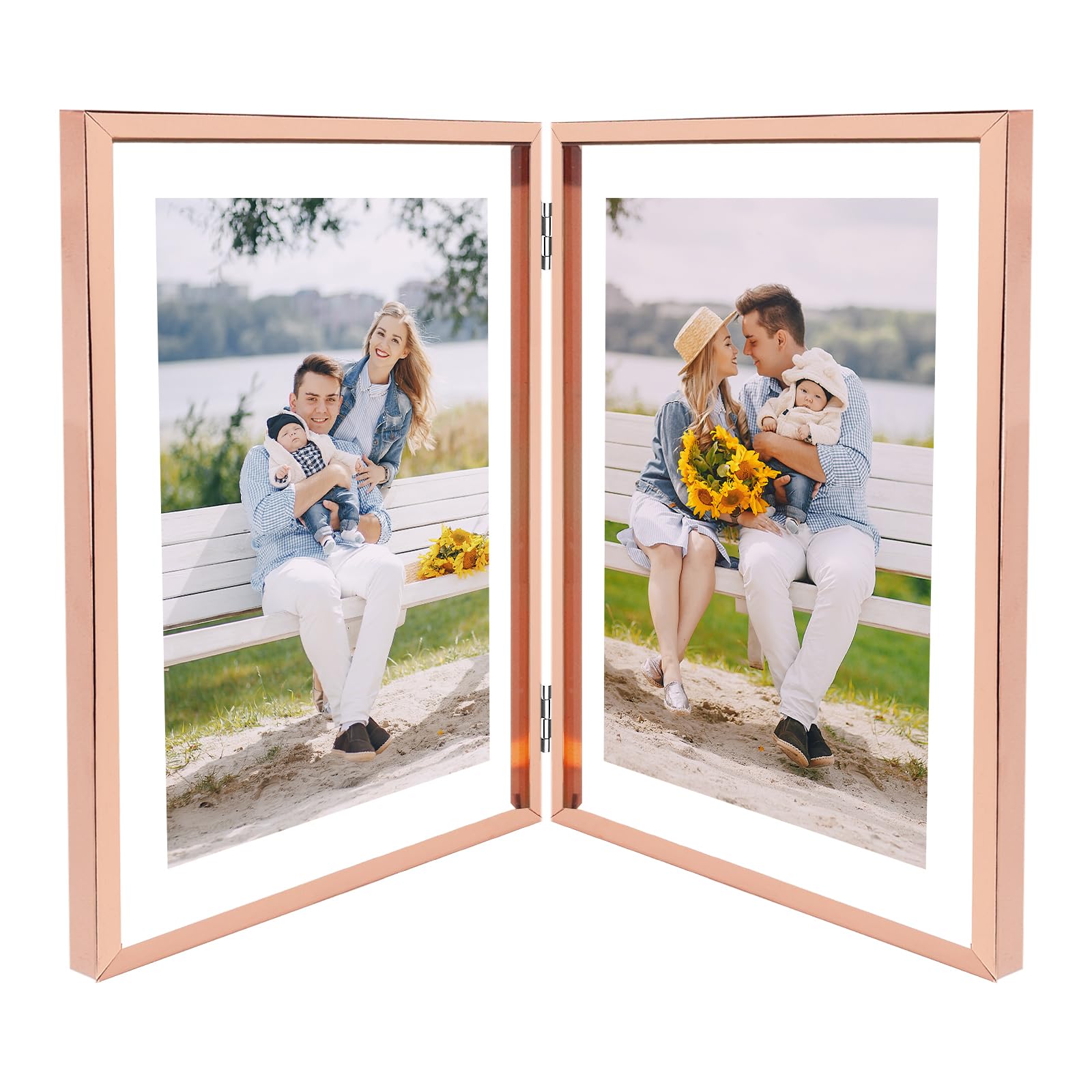 Golden State Art, Rose Gold 8x10 Hinged Double Frame - Floating Frame for 6 x 8 or Smaller Photos - Metal Frame and Real Glass, 