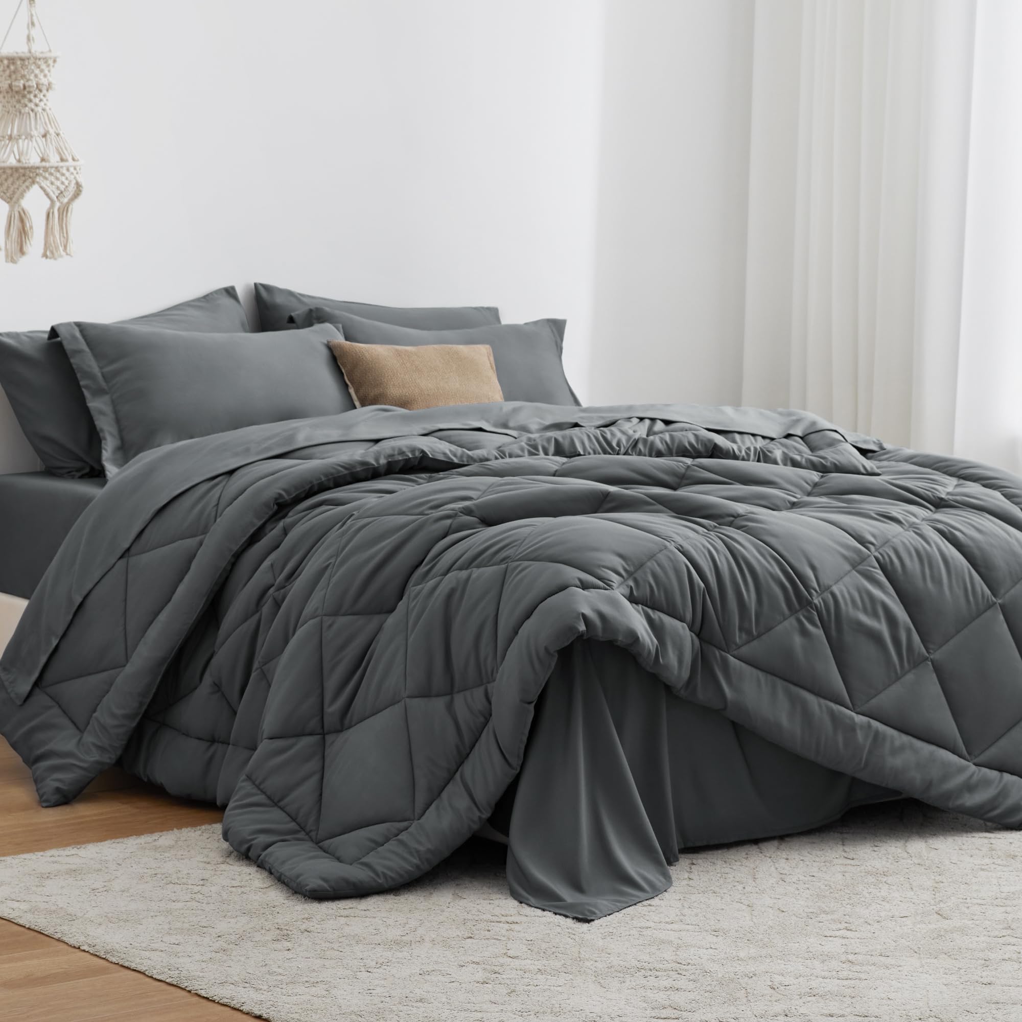 Love'S Cabin Queen Comforter Set Dark Grey, 7 Pieces Queen Bed In A Bag, All Season Queen Bedding Sets With 1 Comforter, 1 Flat
