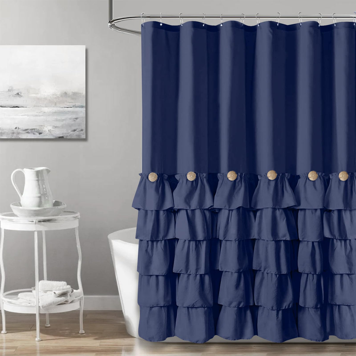 Seasonwood Navy Blue Shower Curtain For Bathroom Ruffle Shower Curtain 72 X 72 Inches Farmhouse Shower Curtains With Buttons & B