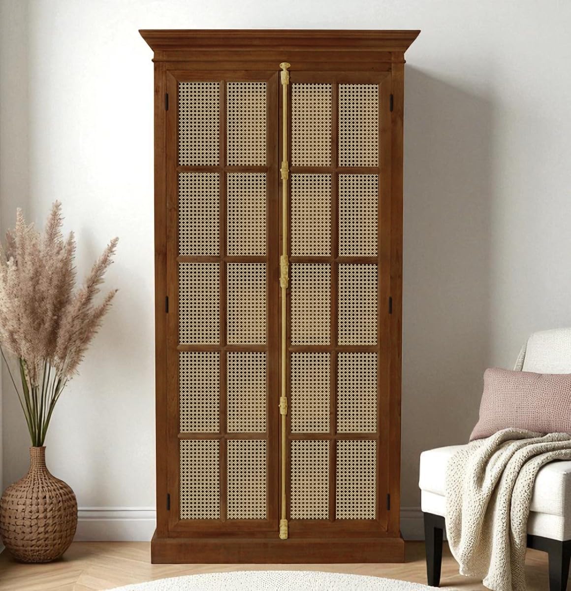 The Attic Oregon Bookshelf With Cane, Multipurpose For Living Room Bed Room Study Kitchen, Solid Mango Wood, Honey Matte Finish