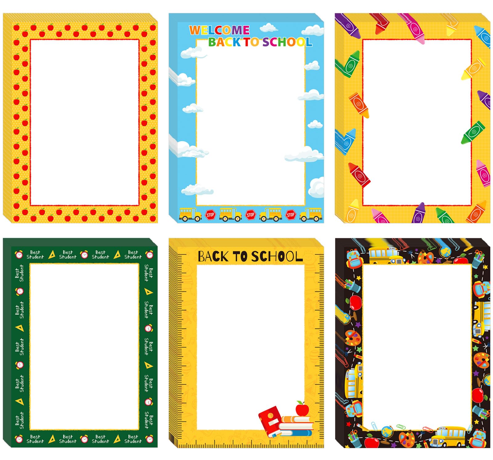 Whaline 120Pcs Back To School Stationery Paper 6 Designs Colorful School Stuff Letterhead Paper Border Computer Printing Writing
