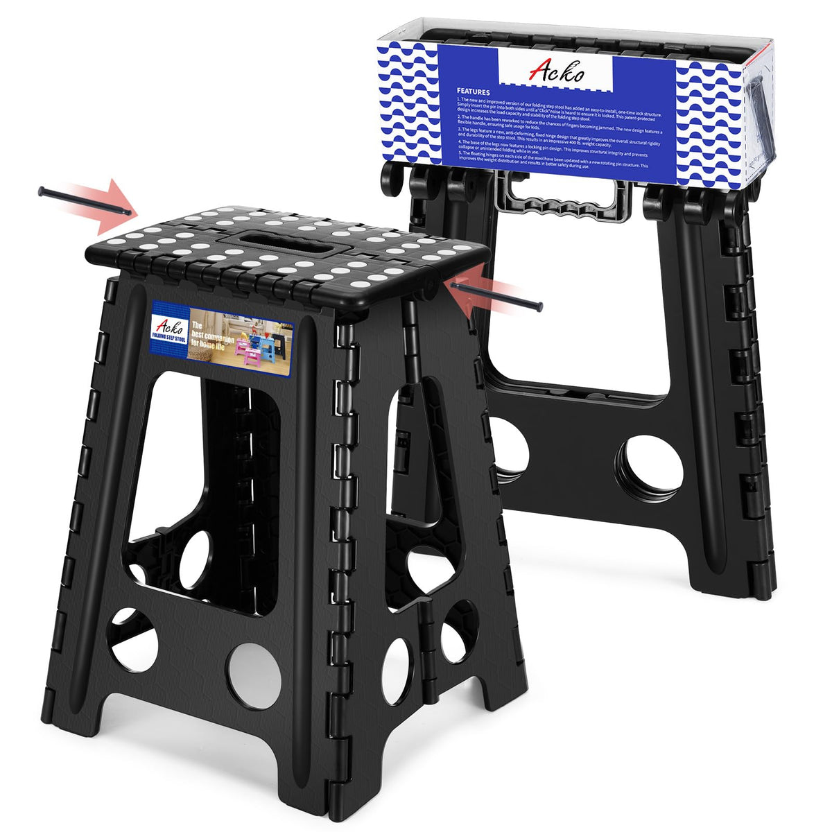 Acko Folding Step Stool Foldable 17.5 Inch Stool 400 Lbs Capacity,Plastic Stools For Adults And Kids,Collapsible Stool For Kitchen, Stepping Stool With Handle(Black)