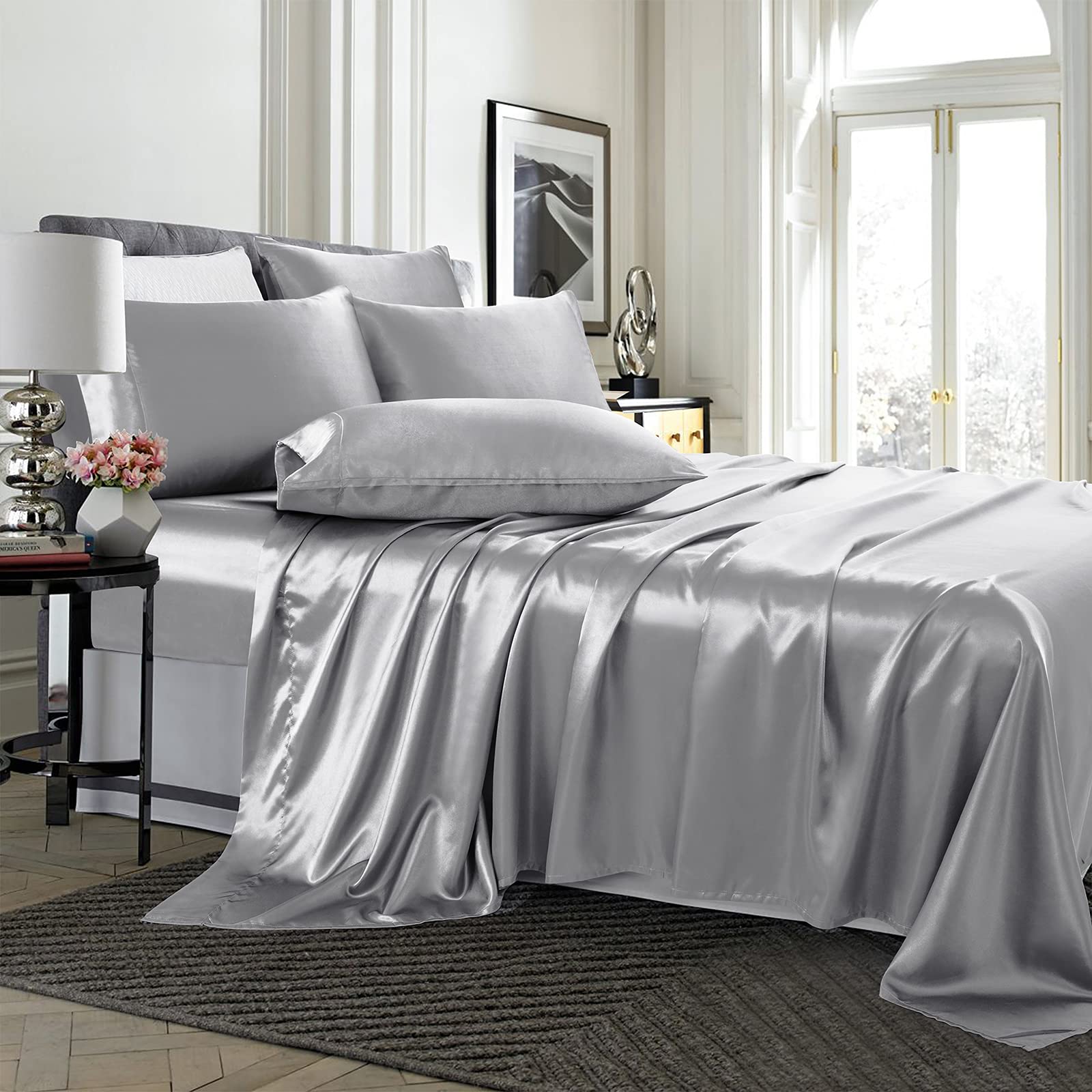 Treely 6 Piece Satin Sheets King Size Silky Smooth Silver Grey Satin Sheet Set With Deep Pocket, Satin Fitted Sheet, Flat Sheet,