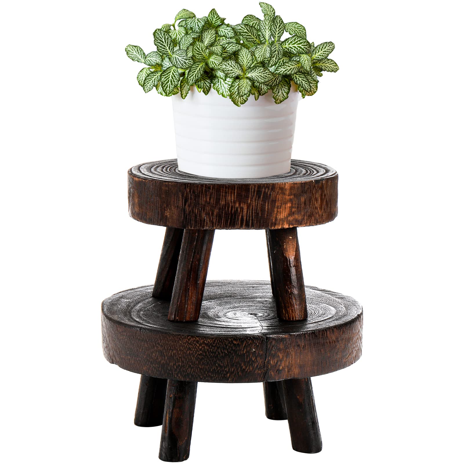 Topzea Set Of 2 Mini Wooden Stool Display Stand, Wood Riser For Bonsai, Flower Pot, Small Potted Plant Stands Round Rustic Plant