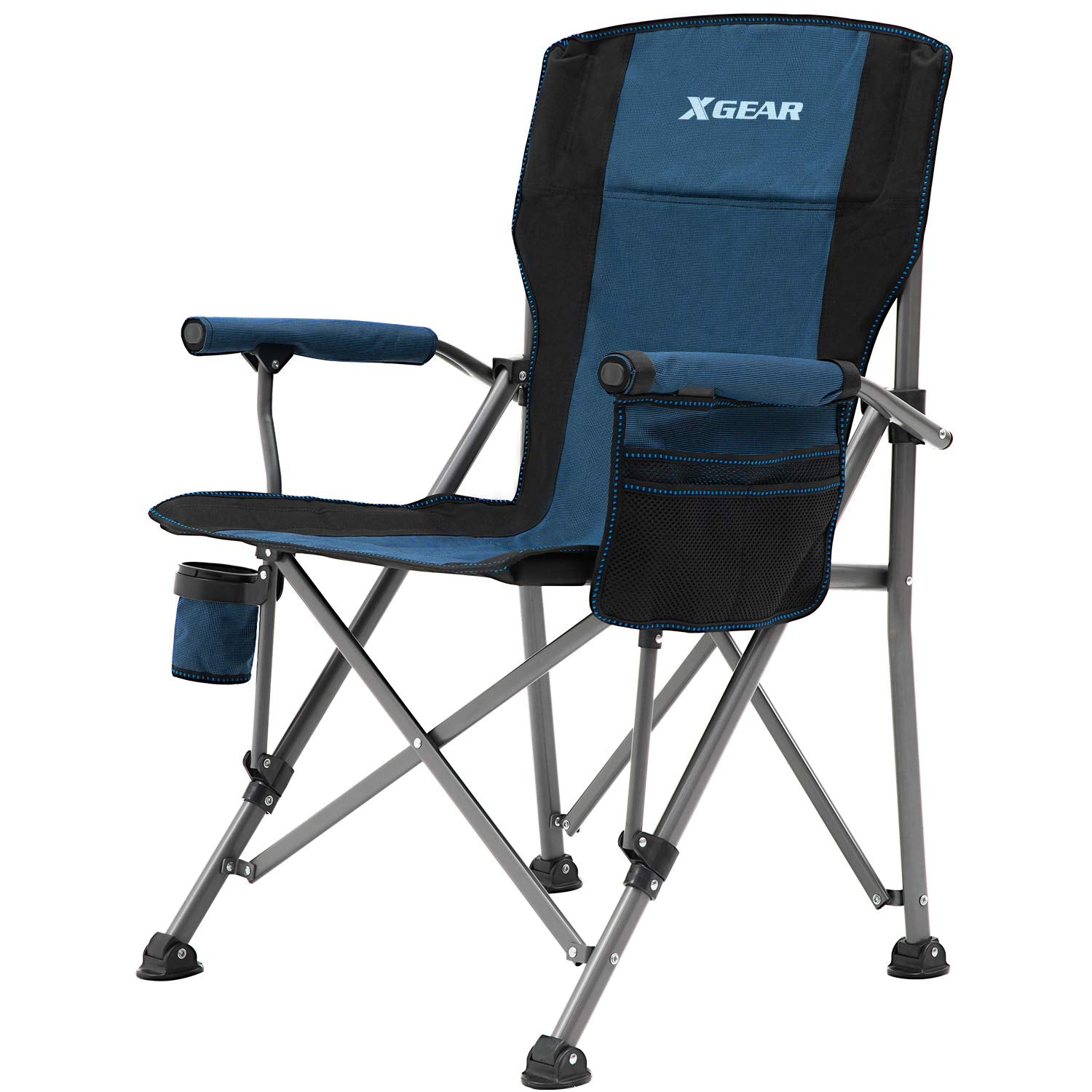 Xgear Camping Chair Hard Arm High Back Lawn Chair Heavy Duty With Cup Holder, For Camp, Fishing, Hiking, Outdoor, Carry Bag Included (Blue)