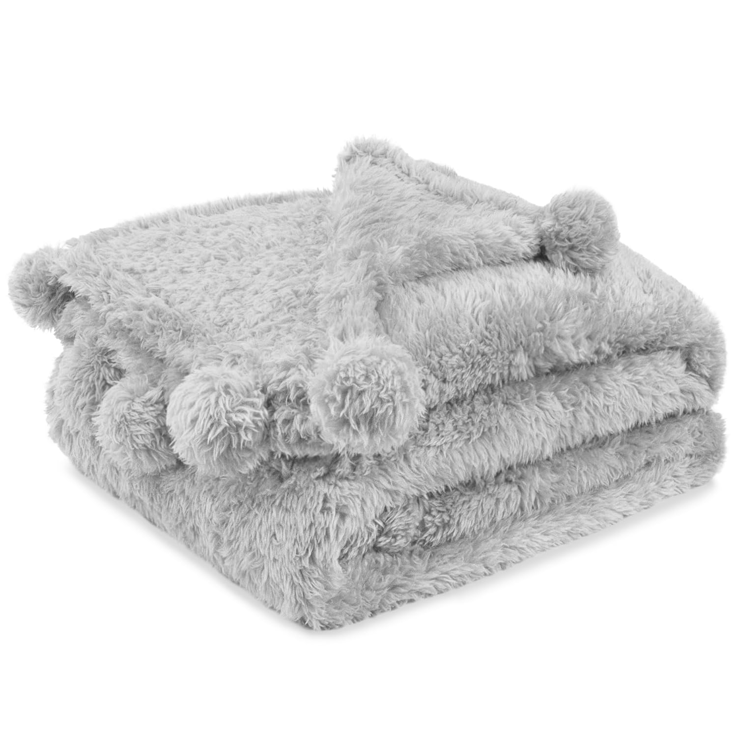Pavilia Light Grey Sherpa Throw - Twin, Fuzzy Couch Throw With Pom Poms, Soft Fluffy Cozy Blanket - Lightweight, 60X80
