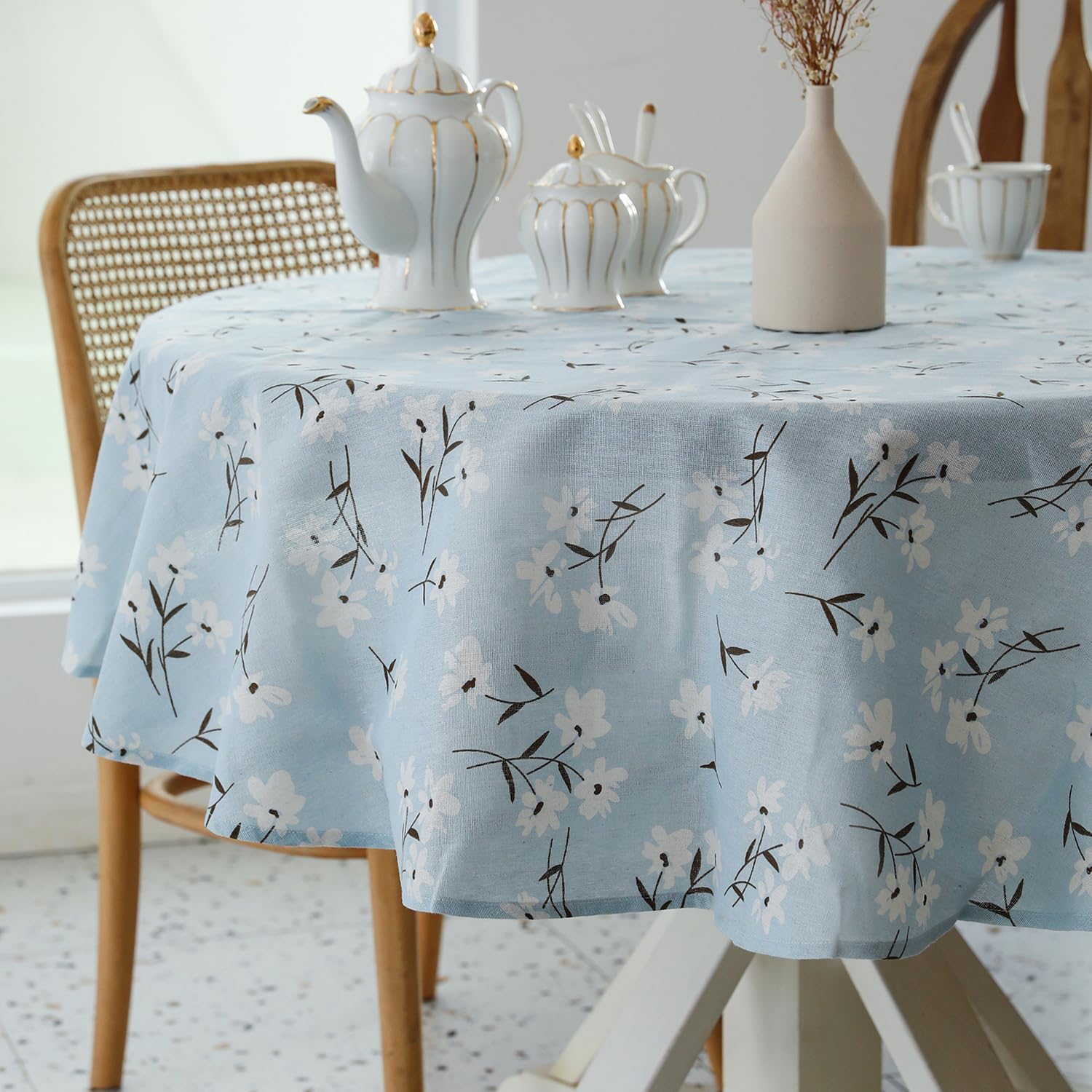 Pastoral Round Tablecloth - 60 Inch Dia. - Linen Fabric Table Cloth - Washable Table Cover With Dust-Proof Wrinkle Resistant For