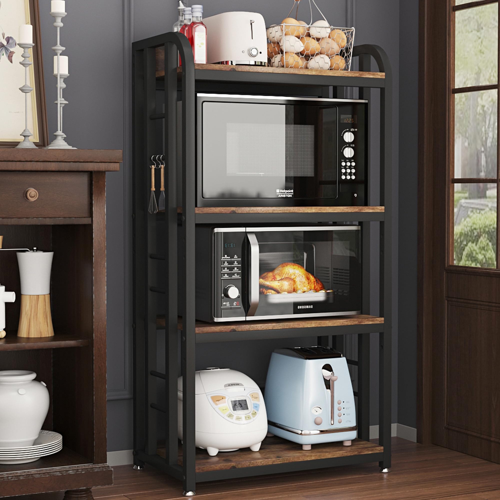 lovemanxi 4-Tier standing bakers racks, Free Standing Microwave Oven Stand Utility Storage Shelf Island Coffee Bar for Living R